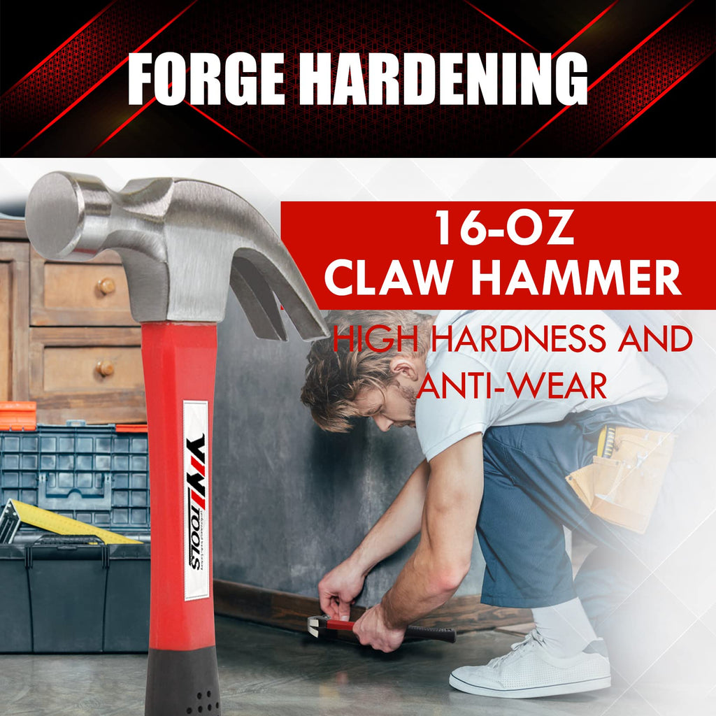 YIYITOOLS Claw Hammer with Fiberglass Handle – 16-oz, Red and Black (YY-1-003)