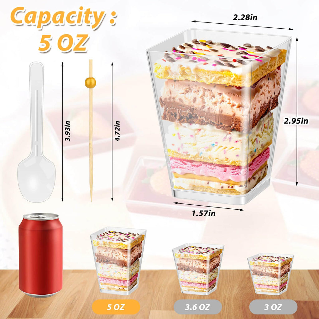 Jupwalz 190 Pcs 5 OZ Dessert Cups Set with Spoons Cocktail Picks, Clear Mini Dessert Shooter Cups, Plastic Parfait Cups for Party Appetizers Yogurt Pudding Fruit Ice Cream Jello Shooter Cup