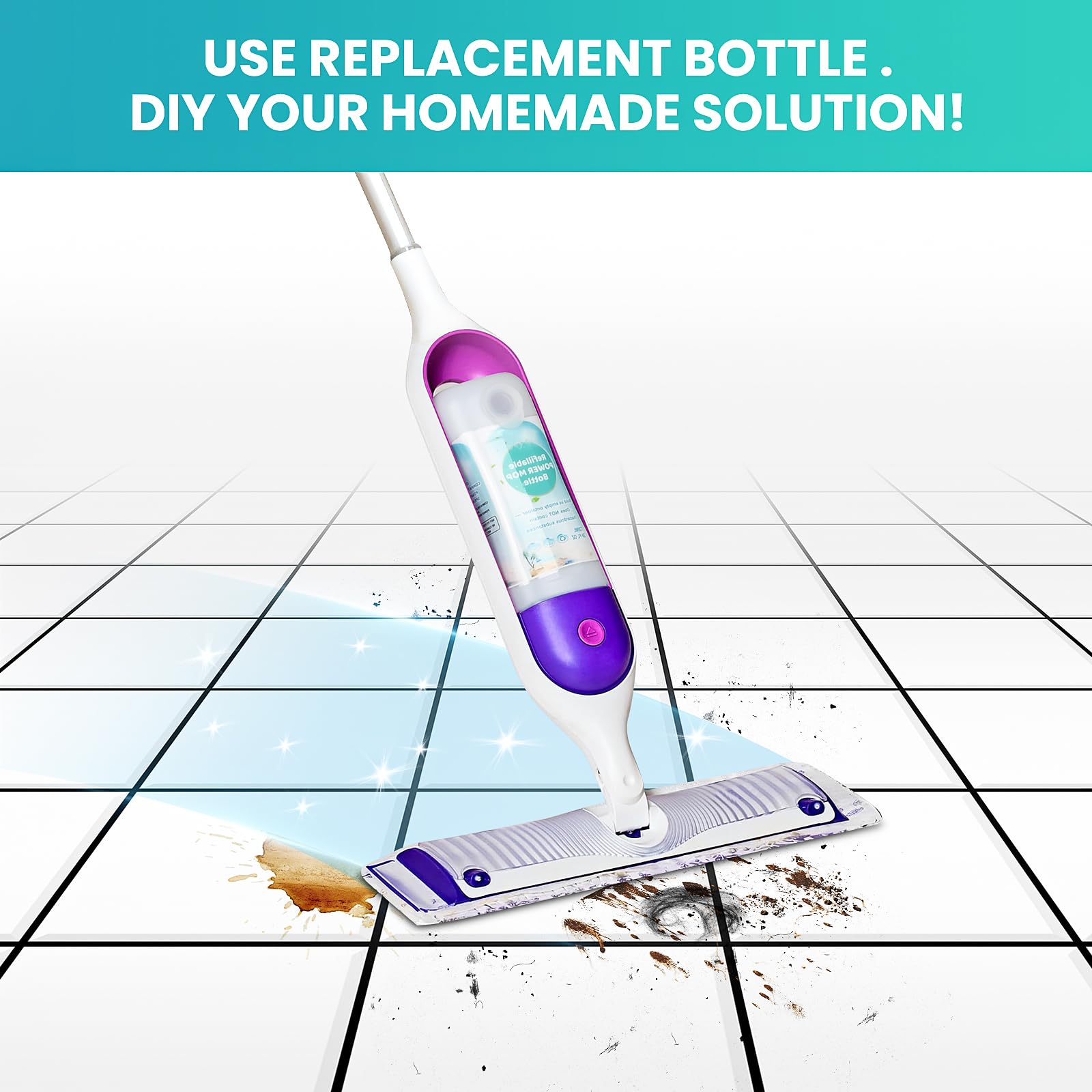 Refillable Bottle for Swiffer Power Mop, 720ML / 24 FL.OZ Reusable Solution Container, Leak-Resistant Lock, Use Any Liquid Cleaner