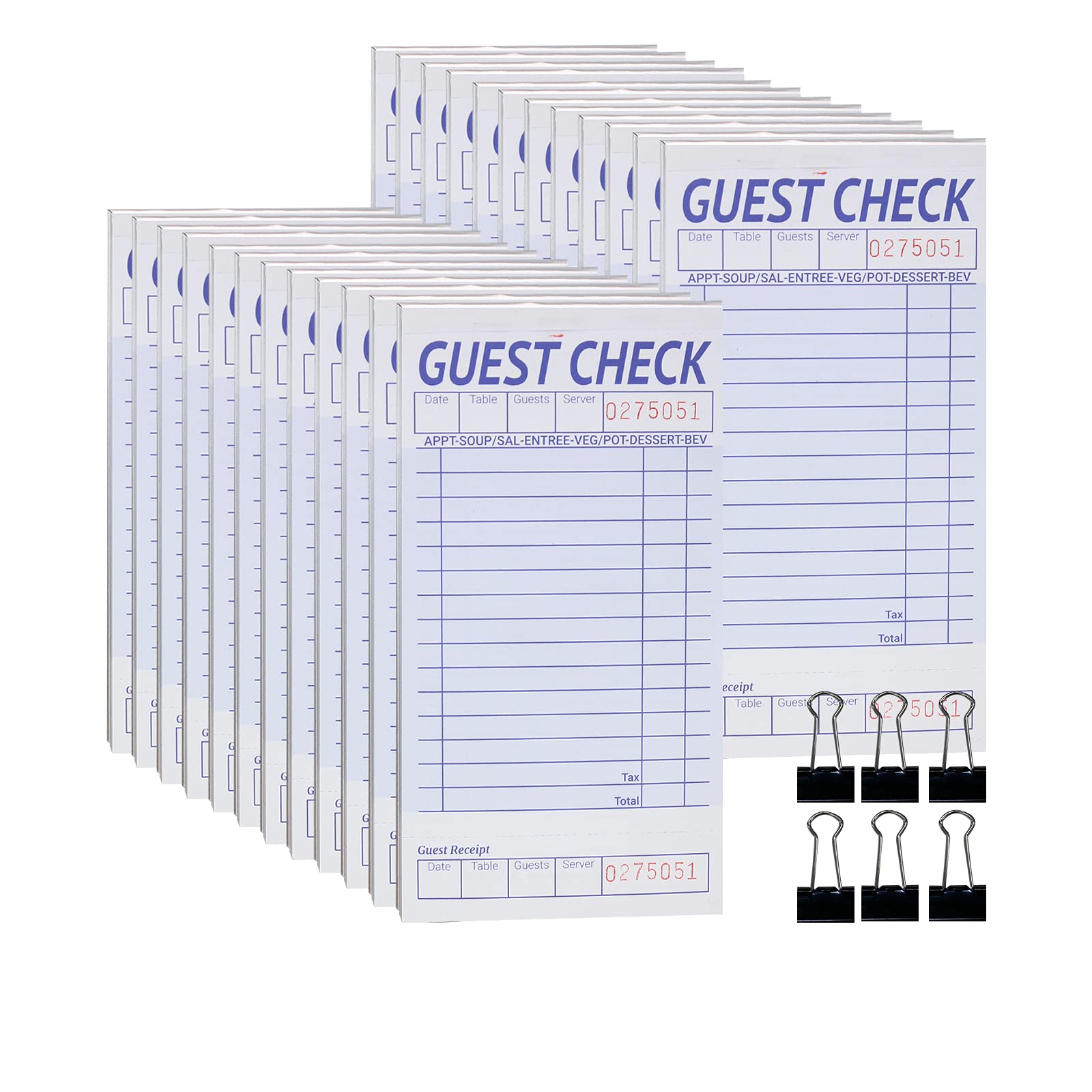 suituts 24 Pack Guest Checks Book/Server Note Pads, Waitress Notepad, Order Book for Restaurants, 1 Part Booked with 15 Lines, 50 Checks Per Book, with 6 Clips
