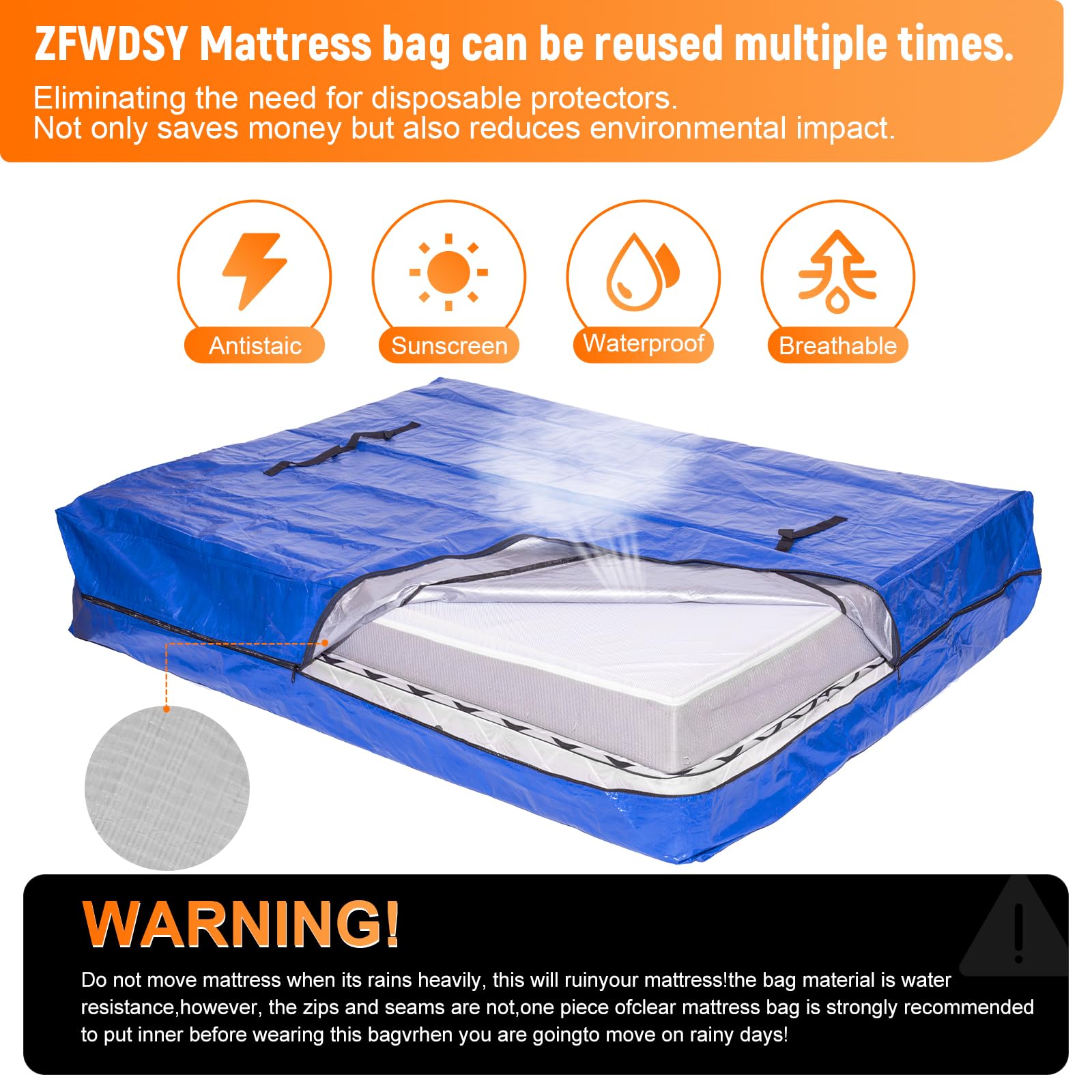 Queen Mattress Bags for Moving and Storage, Zippered Mattress Storage Bag