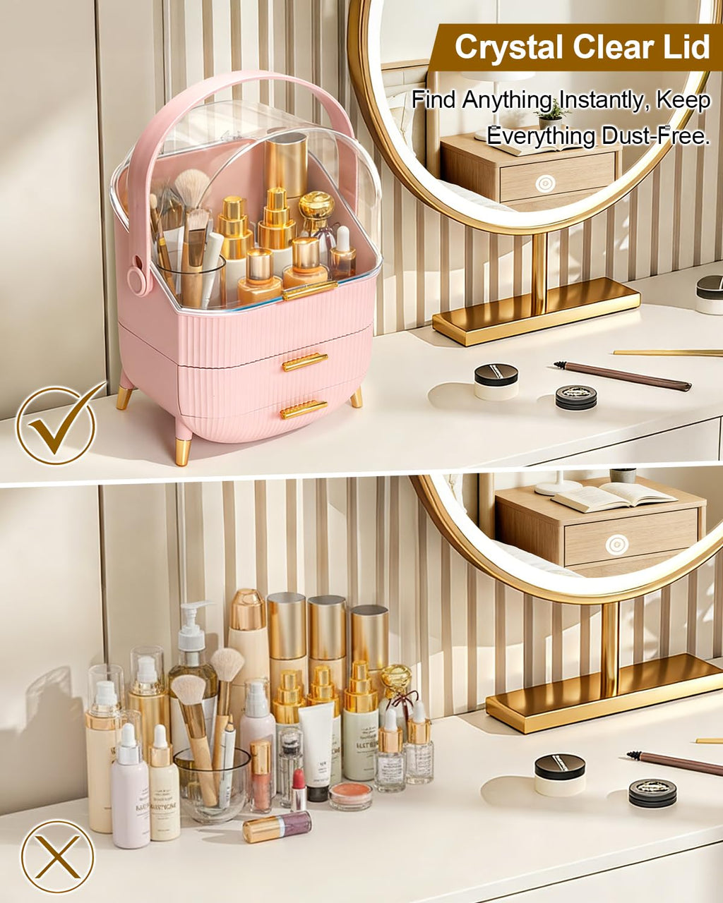 Makeup Skincare Organizer and Storage for Bathroom Vanity Countertop, Portable Travel Cosmetic Display Cases with Lid and Drawers, Gift for Women and Girls -Pink
