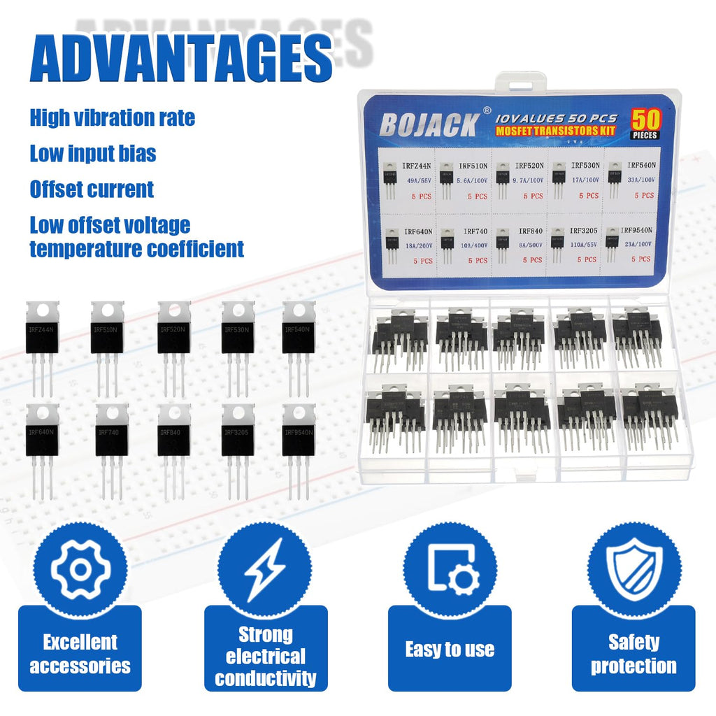 BOJACK 10 Values 50 Pcs IRFZ44N IRF510N IRF530N IRF540N IRF640N IRF740 IRF840 IRF3205 IRF9540 IRF Series transistors MOSFET Assortment Kit