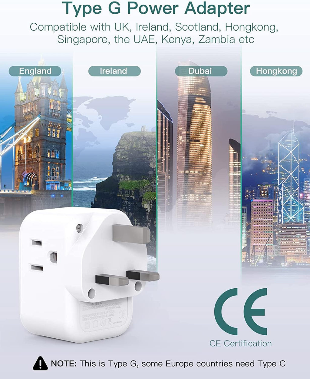 2-Pack US/CA to UK Ireland Travel Plug Adapter, Addtam Type G Power Outlet Adapter with 3 AC Outlets 3 USB(2 USB C), Travel Essentials for USA to Dubai Scotland British London England Hong Kong Irish