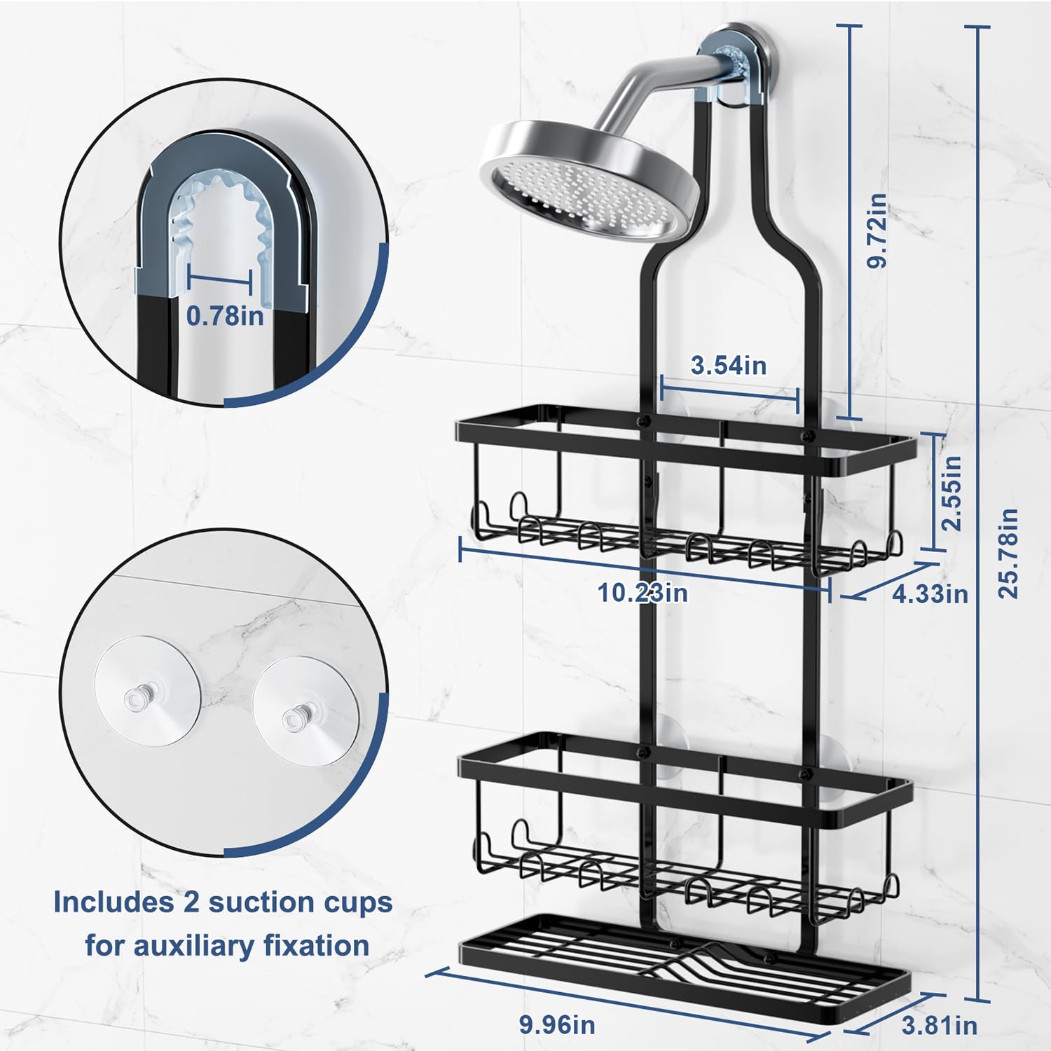 Shower Caddy Hanging, Bathroom Organizers Shelves over Shower Head, Anti-Swing Shower Organizer Shower Shelf, Hanging Shower Caddy with Hooks