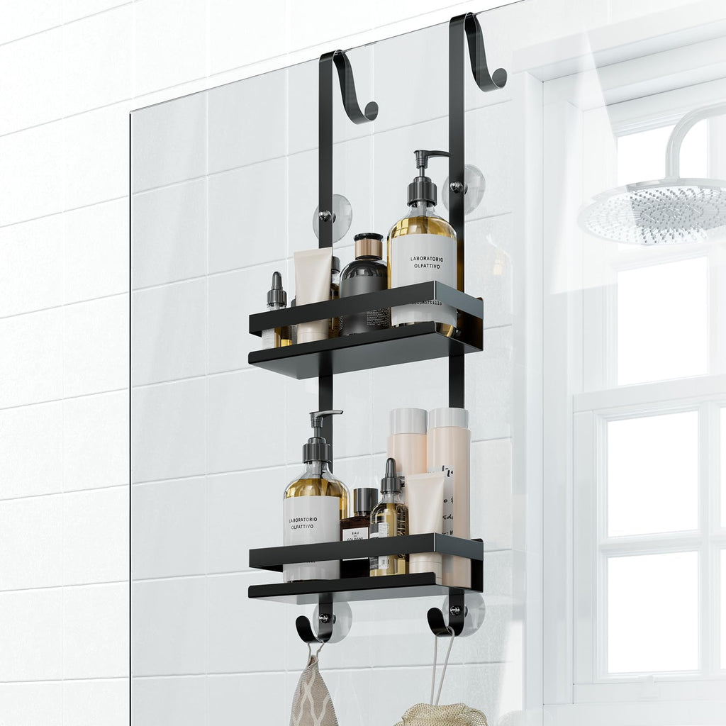 Over the Door Shower Caddy, Hanging Shower Organizer Shelf Basket Storage Rack for Frameless Glass Black Shower Caddy Hanging, Bathroom Organizers, Shower Shelves Bathroom Accessories Set,