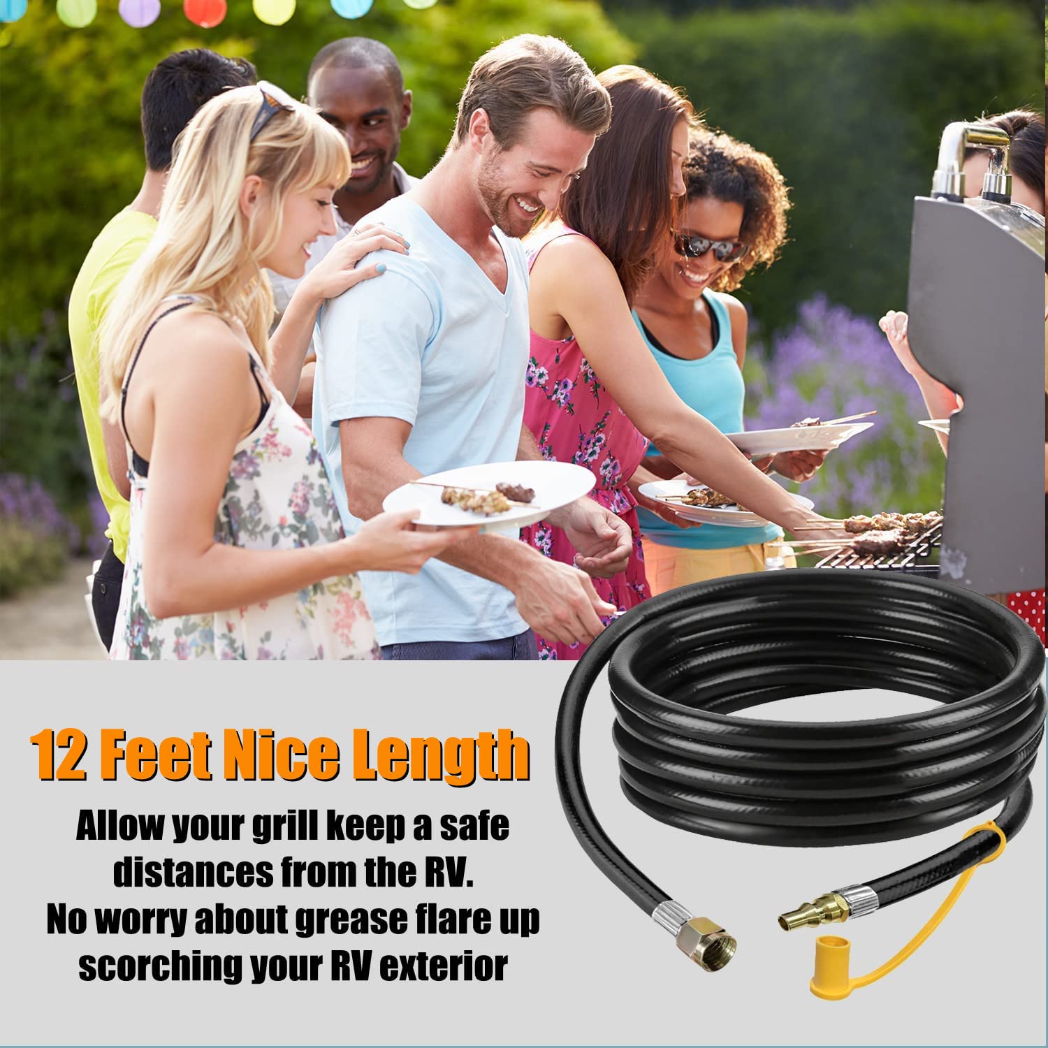 12 FT RV Propane Quick Connect Hose, 3/8 Female Flare and 1/4 Full Flow Male Plug LP Gas Line, Connection Hose for Fire Pit, Camp Chef Stove, BBQ Stove Grill