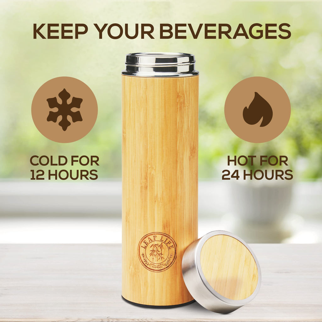 Leaflife Sustainable Bamboo Loose Leaf Tea Tumbler - 17oz Tea Bottle with Infuser - 12 Hrs Hot & Cold-Vacuum Insulated Stainless Steel Tea Gift for Women, Men - Tea Infuser Travel Mug with Lid