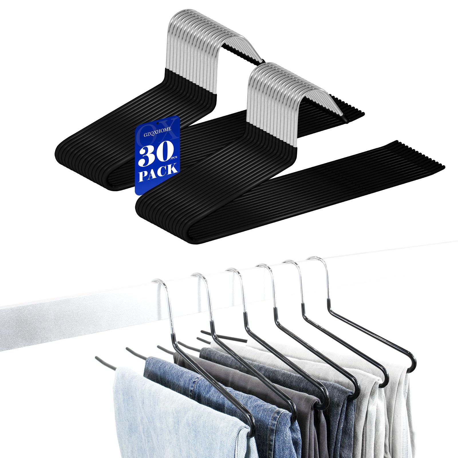 GZQXHOME Pants Hangers 30 Pack Non Slip,Trouser/Blanket/Jeans Hangers for Closet Space Saving,Metal Pant Hangers Strong Durable (Black)
