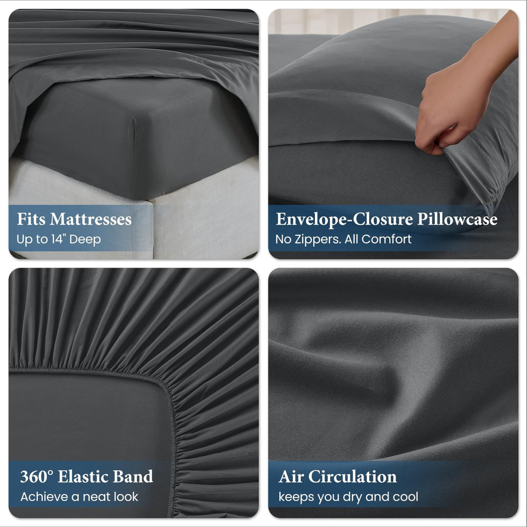 JOLLYVOGUE Queen Size Bed Sheet Set - 4 Piece Bed Sheets Set with Deep Pocket - Soft Breathable & Cooling - Resists Shrinkage & Fading Draps Queen - Easy Care (Dark Grey)