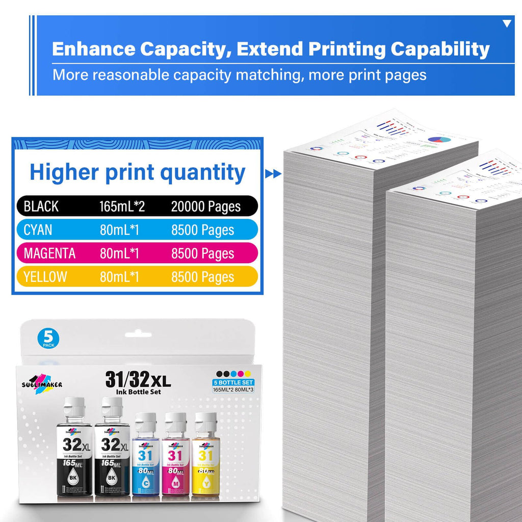 32XL Black Ink Bottle, 31 Ink Bottle Set Compatible Replacement for HP Smart Tank 6001 5101 7301 7602 5000 5103 7300 Ink Refill, 31 32XL Ink Bottles Set for Smart Tank Plus 651 551 All-in-One Printer