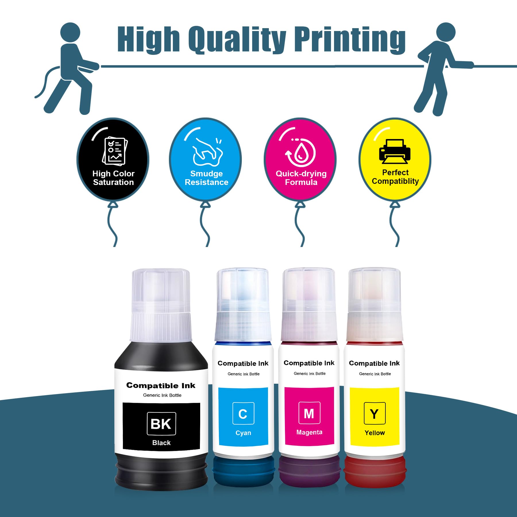 Compatible T502 Ink Refill Bottles Compatible for ET-4760 ET-2760 ET-3830 ET-15000 ET-4850 ET-2750 ET-4750 ET-3750 ET-3950 ET-4950 Printers Replacement for T502 Ink (4-Pack, BK/C/M/Y)