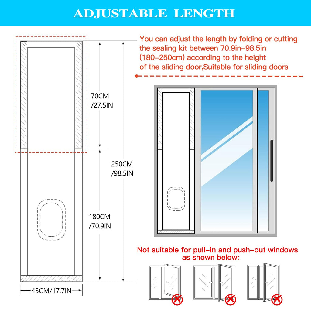 Inverter Portable Air Conditioner Sliding Door Seal Kit Compatible with Midea Etc Inverter Ac 14000 BTU Designed for Hose-in-Hose Portable AC Sliding Door Vent kit 17.5"*98"Sliding Door Velcro Panel