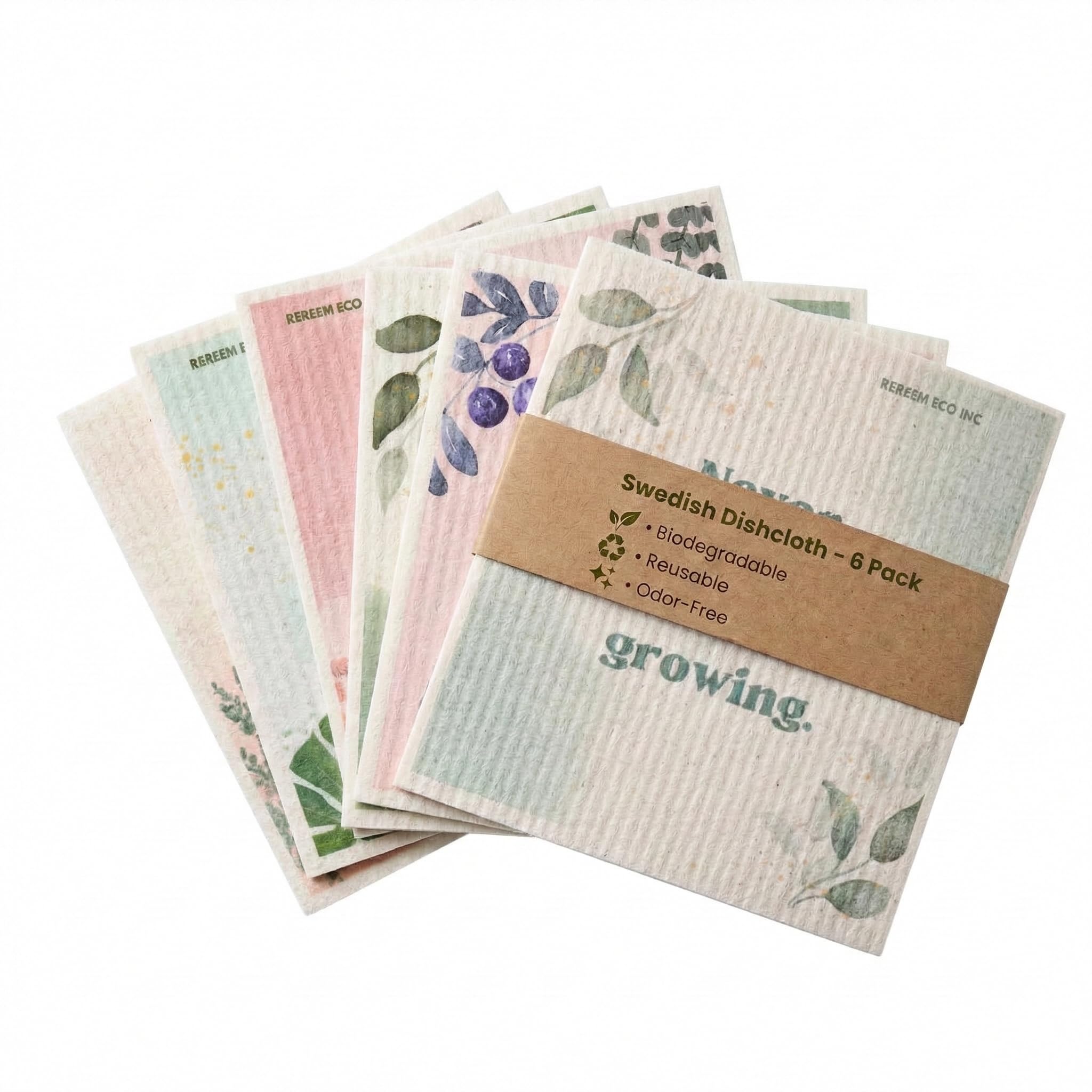 ReReem Swedish Dish Cloths – 6-Pack Reusable, Biodegradable Cellulose & Cotton Cleaning Towels – Plant Lover