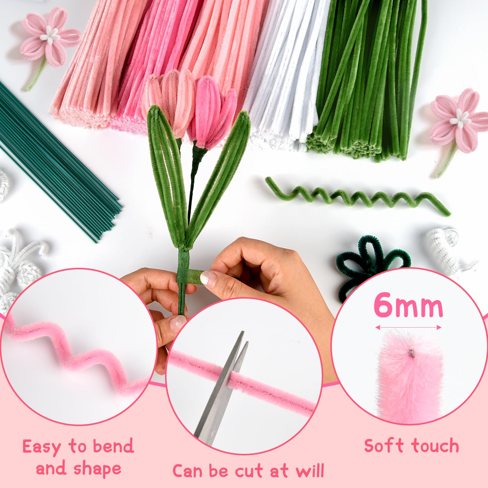 ASTARON 521 Pcs Pipe Cleaners Craft Set, 5 Colors Pipe Cleaners Bulk Pastel Chenille Stems for Craft Pipe Cleaner Flowers Making Kit with Floral Wires, Gardening Tape (Pink Series)