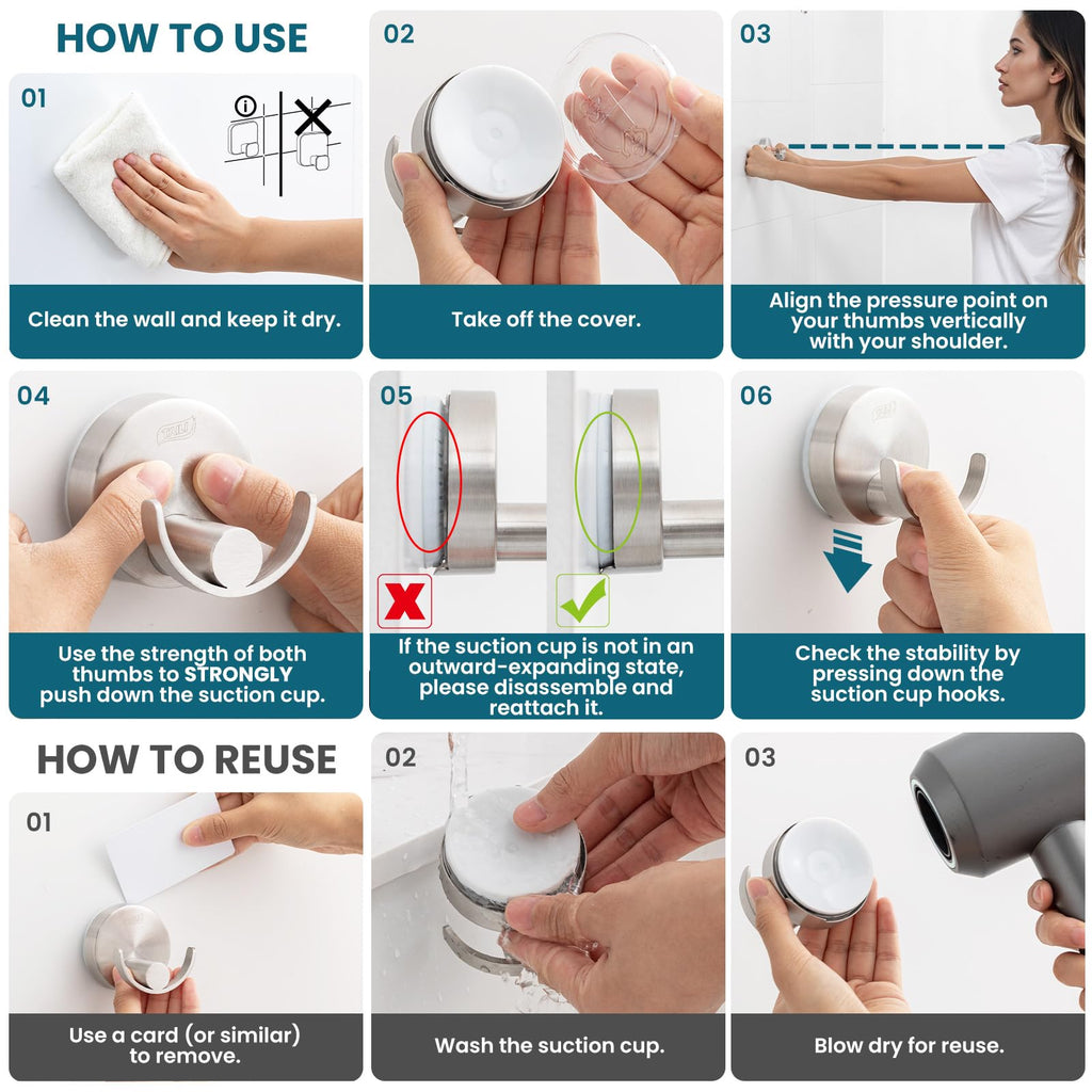 TAILI 304 Stainless Steel Bathroom Suction Hooks for Towel, Bathrobe, Loofah, Patented Strong Suction Cup Holder, No Damage Hanging Glass Shower Wall Hook, Double-Hook Sleek Design, 2 Pack