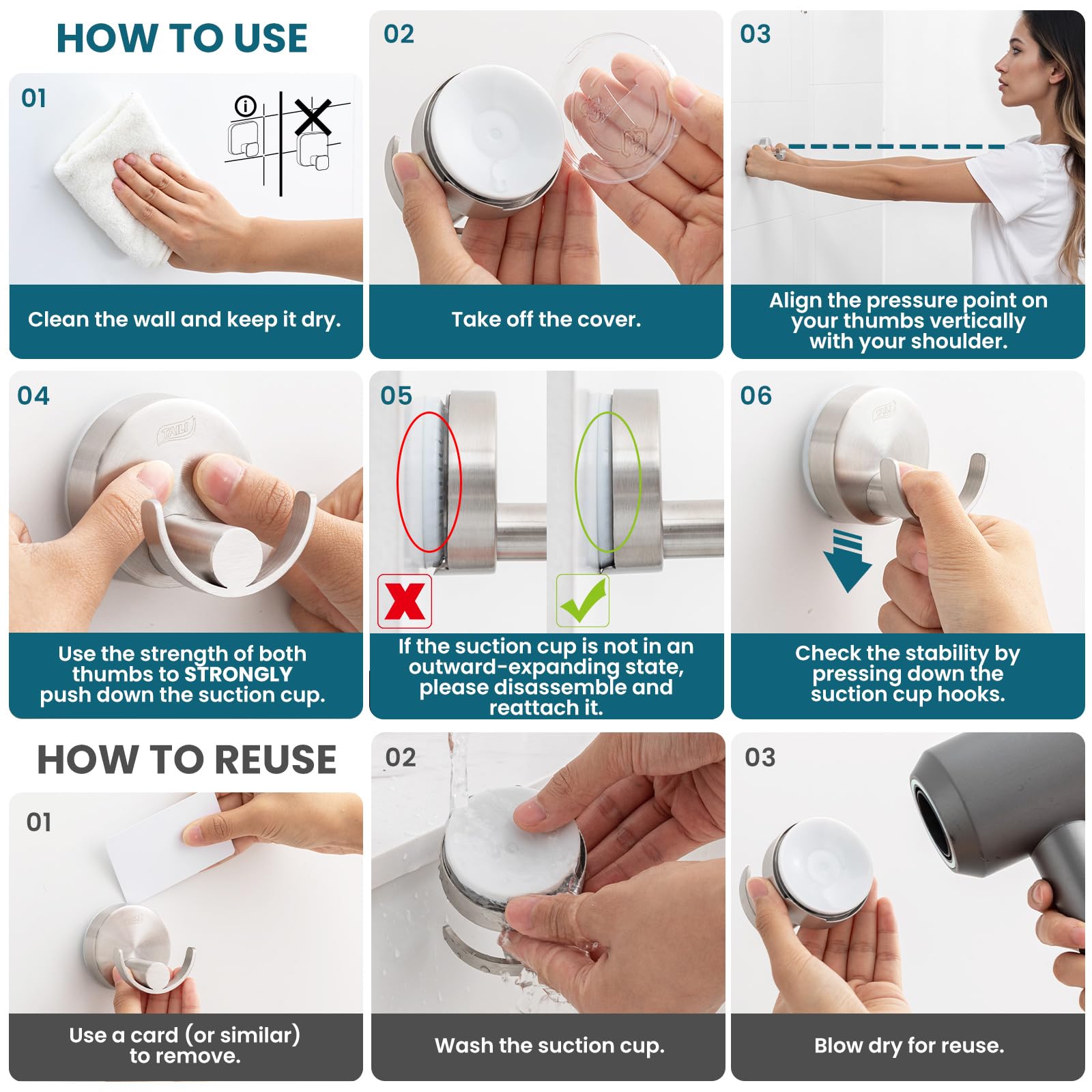 TAILI 304 Stainless Steel Bathroom Suction Hooks for Towel, Bathrobe, Loofah, Patented Strong Suction Cup Holder, No Damage Hanging Glass Shower Wall Hook, Double-Hook Sleek Design, 2 Pack