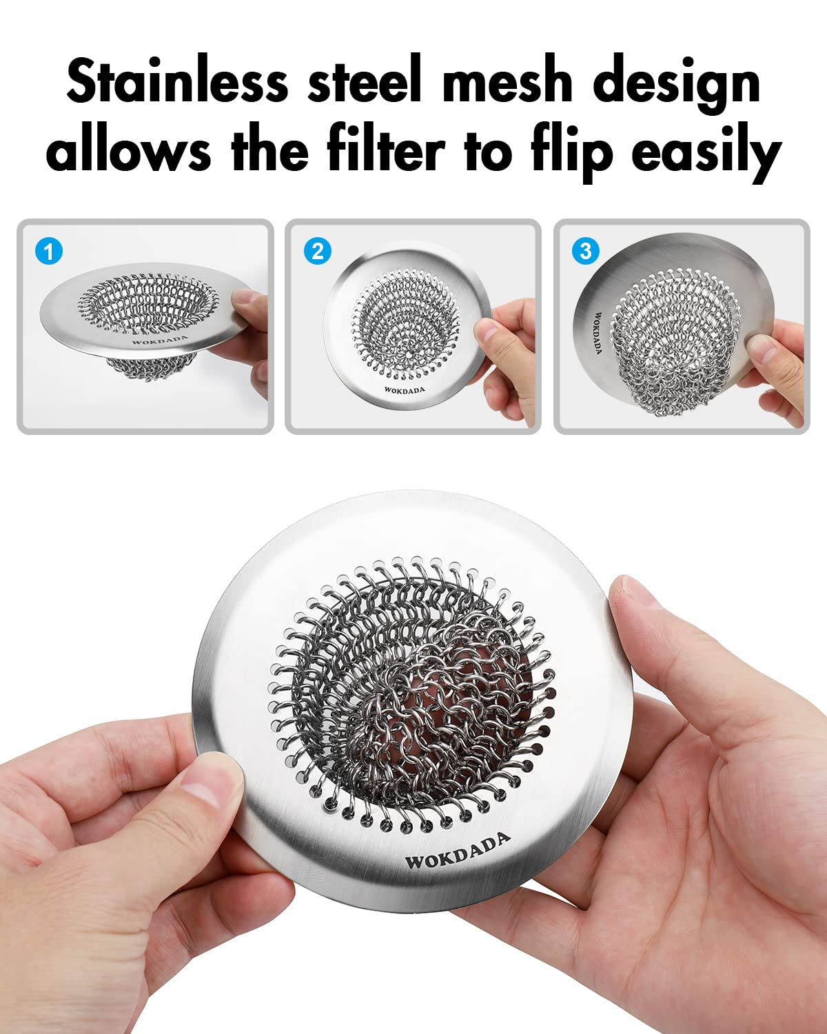 Sink Drain Strainer, Reversible Easy Clean Mesh Sink Strainer with 304 Stainless Steel, Wokdada Revolutionary Anti-Rust Large Kitchen Sink Strainer Food Catcher for Garbage Disposal Without Clogging