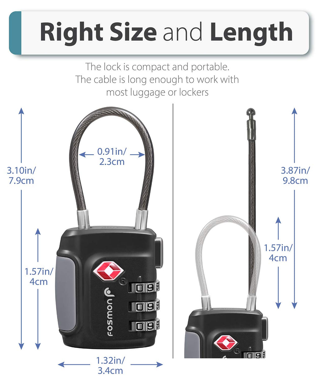 Fosmon TSA Accepted Cable Luggage Locks, 3 Digit Combination with Open Alert Indicator, Alloy Body and Release Button for Travel Bag, Suit Case & Luggage (4 Pack) - Black, Green, Red and Blue