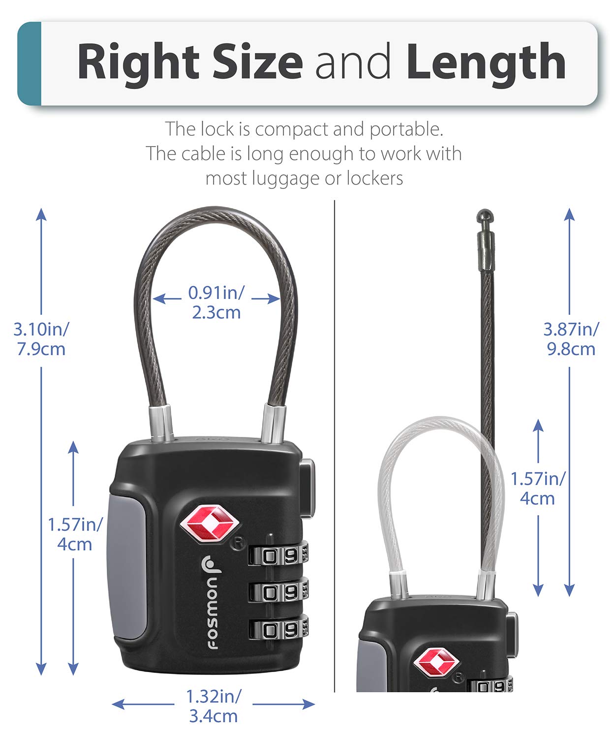 Fosmon TSA Accepted Cable Luggage Locks, 3 Digit Combination with Open Alert Indicator, Alloy Body and Release Button for Travel Bag, Suit Case & Luggage (4 Pack) - Black, Green, Red and Blue
