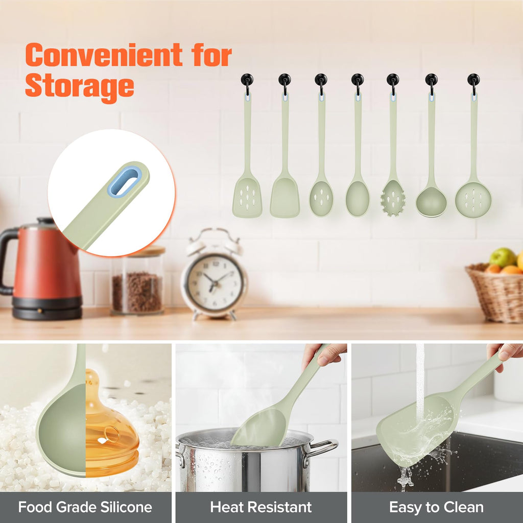 Large Silicone Utensils Set of 7 for Cooking,No Scratch for Nonstick Cookware Pasta Server,Spaghetti Spoon,Slotted Spoon&Spatula,Solid Spoon&Spatula,Skimmer,Soup Ladle BPA Free Heat Resistant (Green)