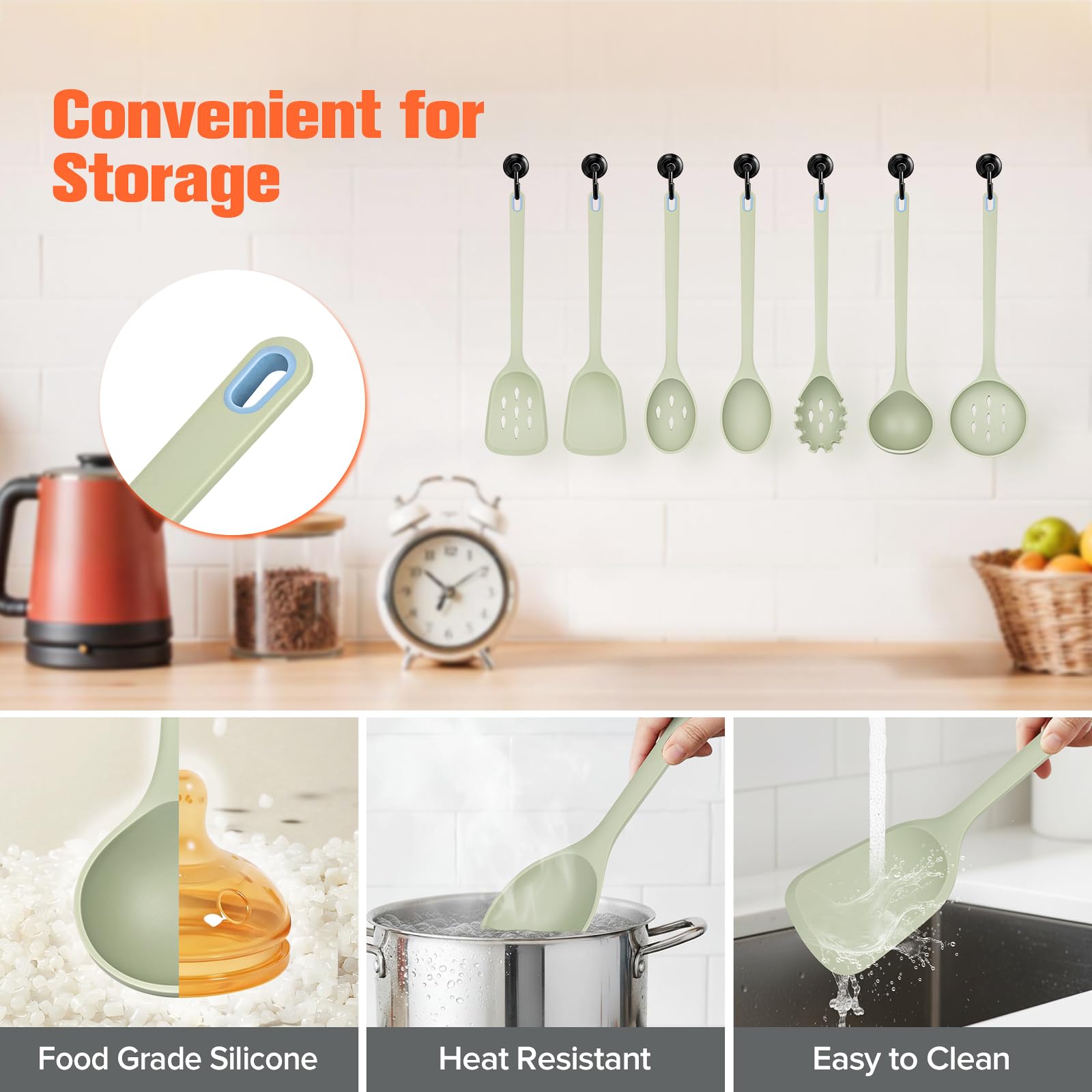 Large Silicone Utensils Set of 7 for Cooking,No Scratch for Nonstick Cookware Pasta Server,Spaghetti Spoon,Slotted Spoon&Spatula,Solid Spoon&Spatula,Skimmer,Soup Ladle BPA Free Heat Resistant (Green)