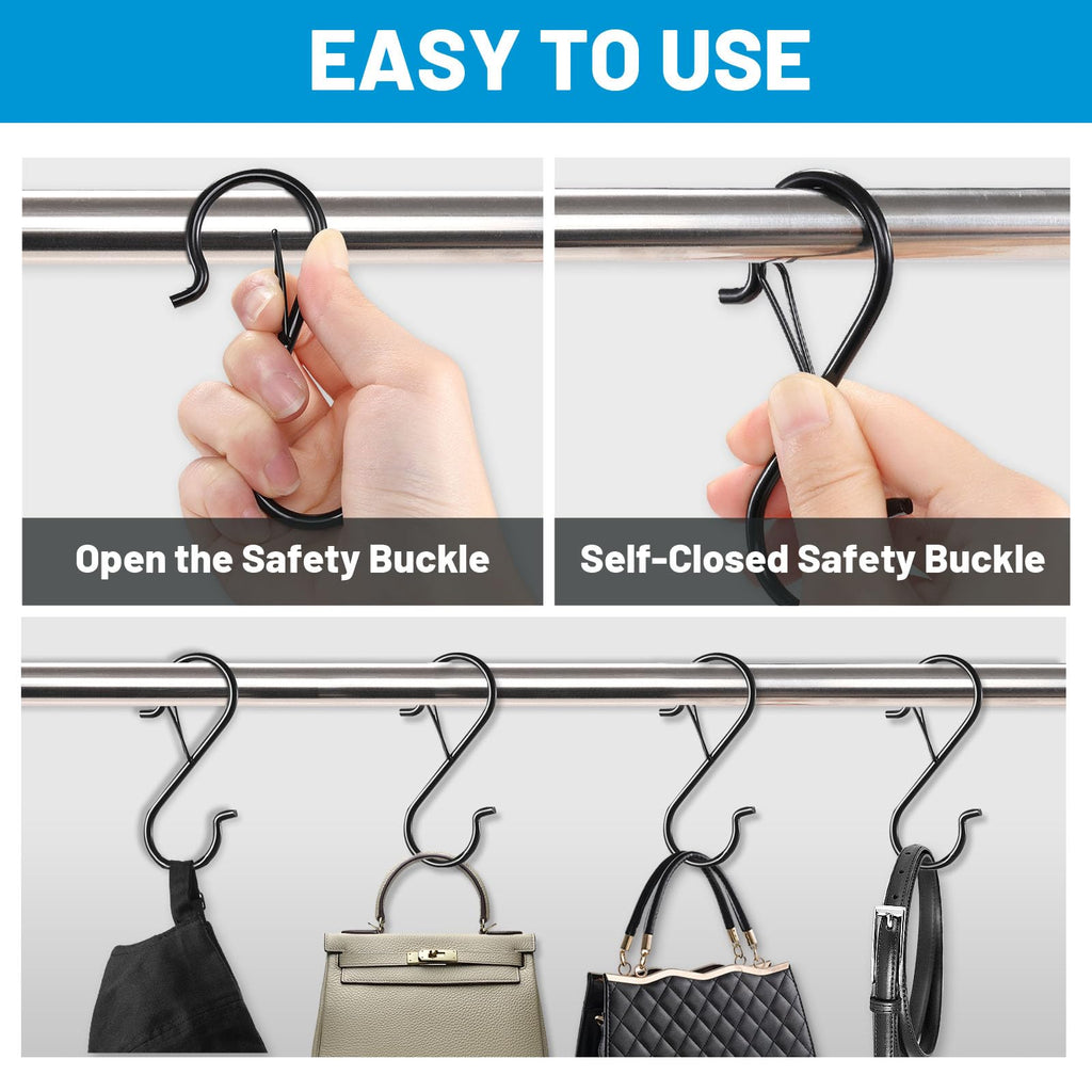 S Hooks with Safety Buckle, 35 Pack Metal S Shaped Hook for Hanging Plants,Pots, Closet, Kitchen Utensil, Clothes, Jeans Christmas Hanging Lights, 3.5 Inch Black
