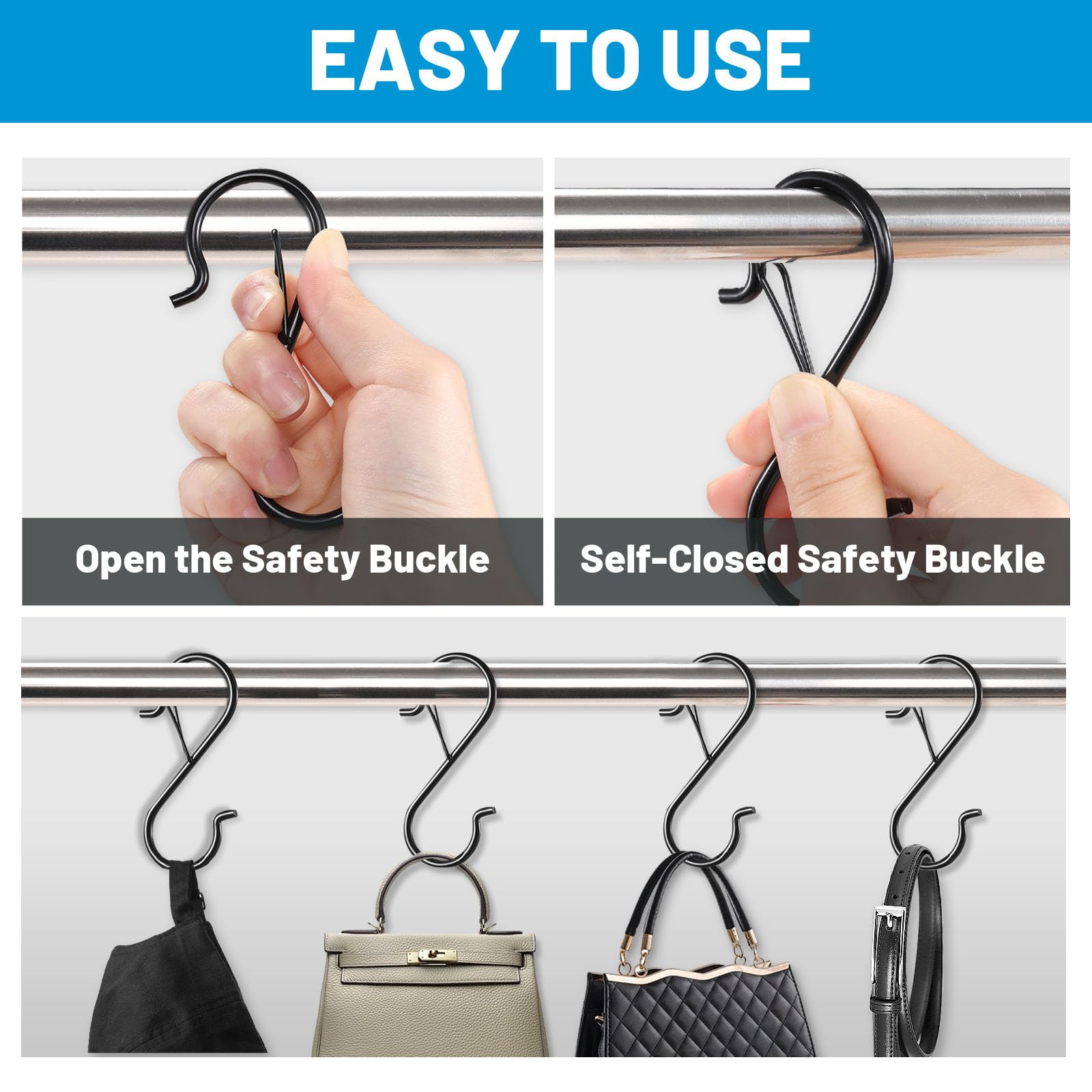 S Hooks with Safety Buckle, 35 Pack Metal S Shaped Hook for Hanging Plants,Pots, Closet, Kitchen Utensil, Clothes, Jeans Christmas Hanging Lights, 3.5 Inch Black