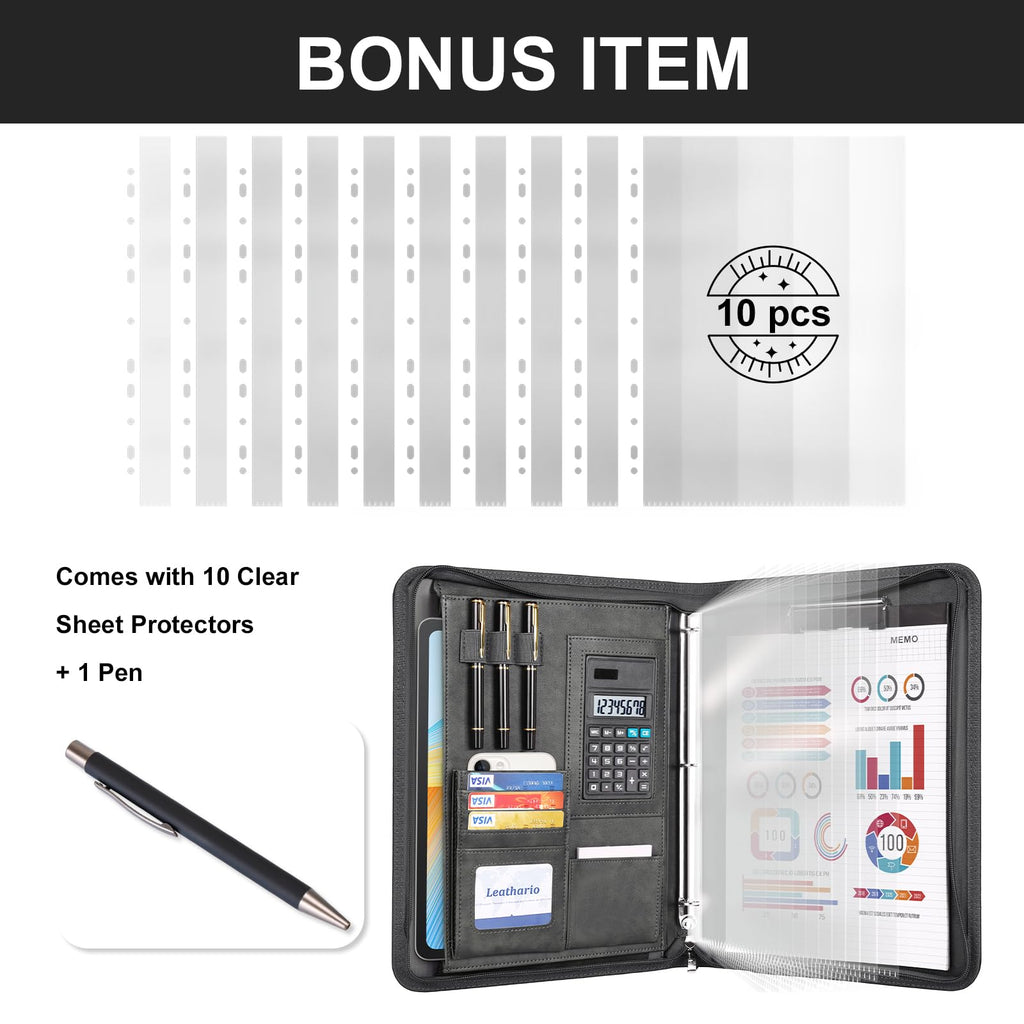 Leathario Portfolio, Vegan Leather 3-Ring Zipper Binder, Includes 10 Clear Sheet Protectors and a Pen, Multi-Pocket A4 Padfolio Folder for Tablets, Files and Business Documents, Office Supplies