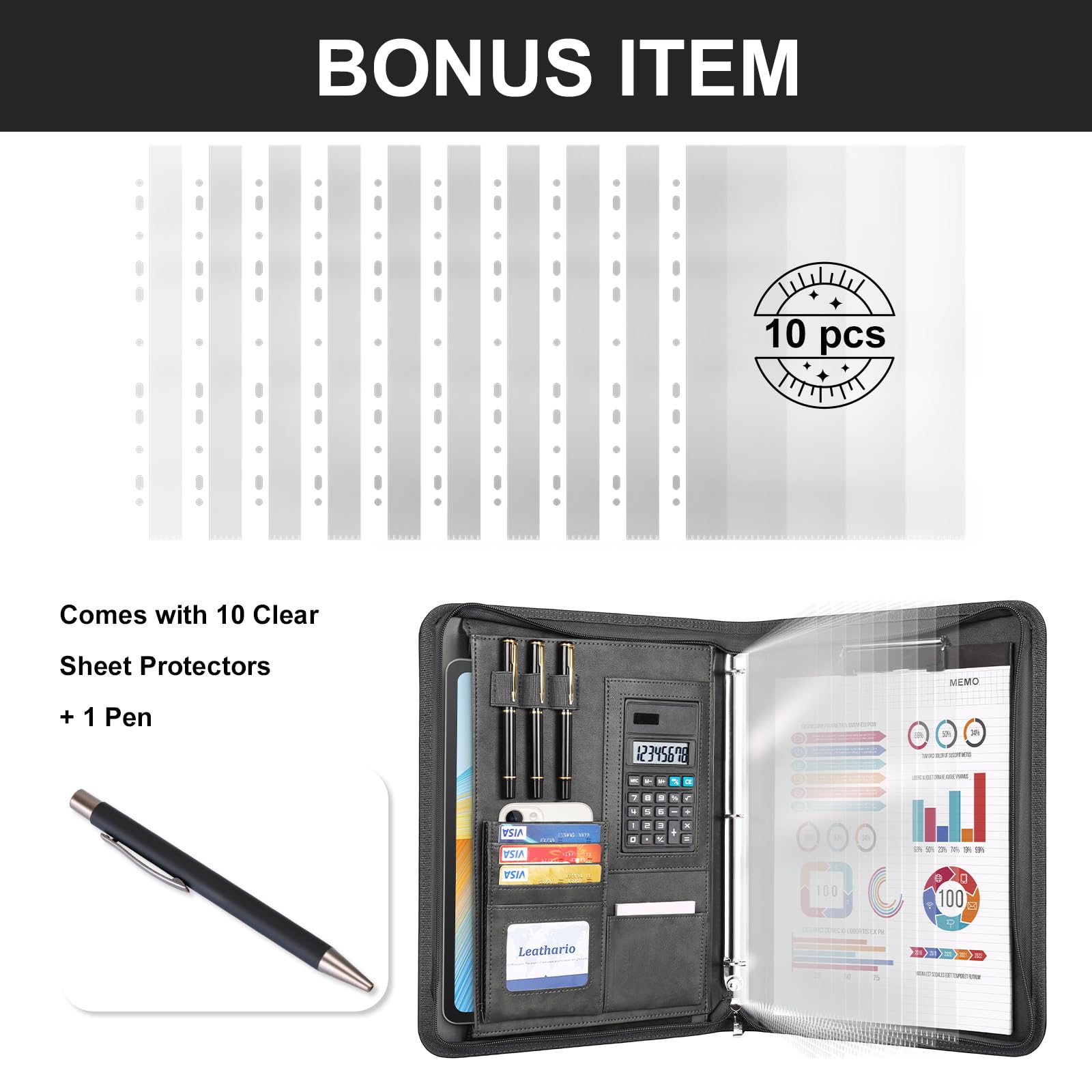 Leathario Portfolio, Vegan Leather 3-Ring Zipper Binder, Includes 10 Clear Sheet Protectors and a Pen, Multi-Pocket A4 Padfolio Folder for Tablets, Files and Business Documents, Office Supplies