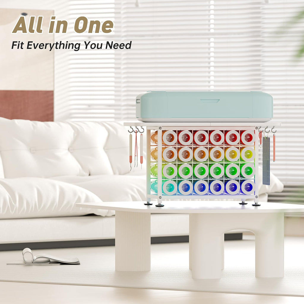 ZHOOGE Small Craft Organizers and Storage Compatible with Cricut Machines Craft Table Storage with 24 Vinyl Roll Holders, Crafting Cabinet Workstation Tool Holder for Craft Room Home Office