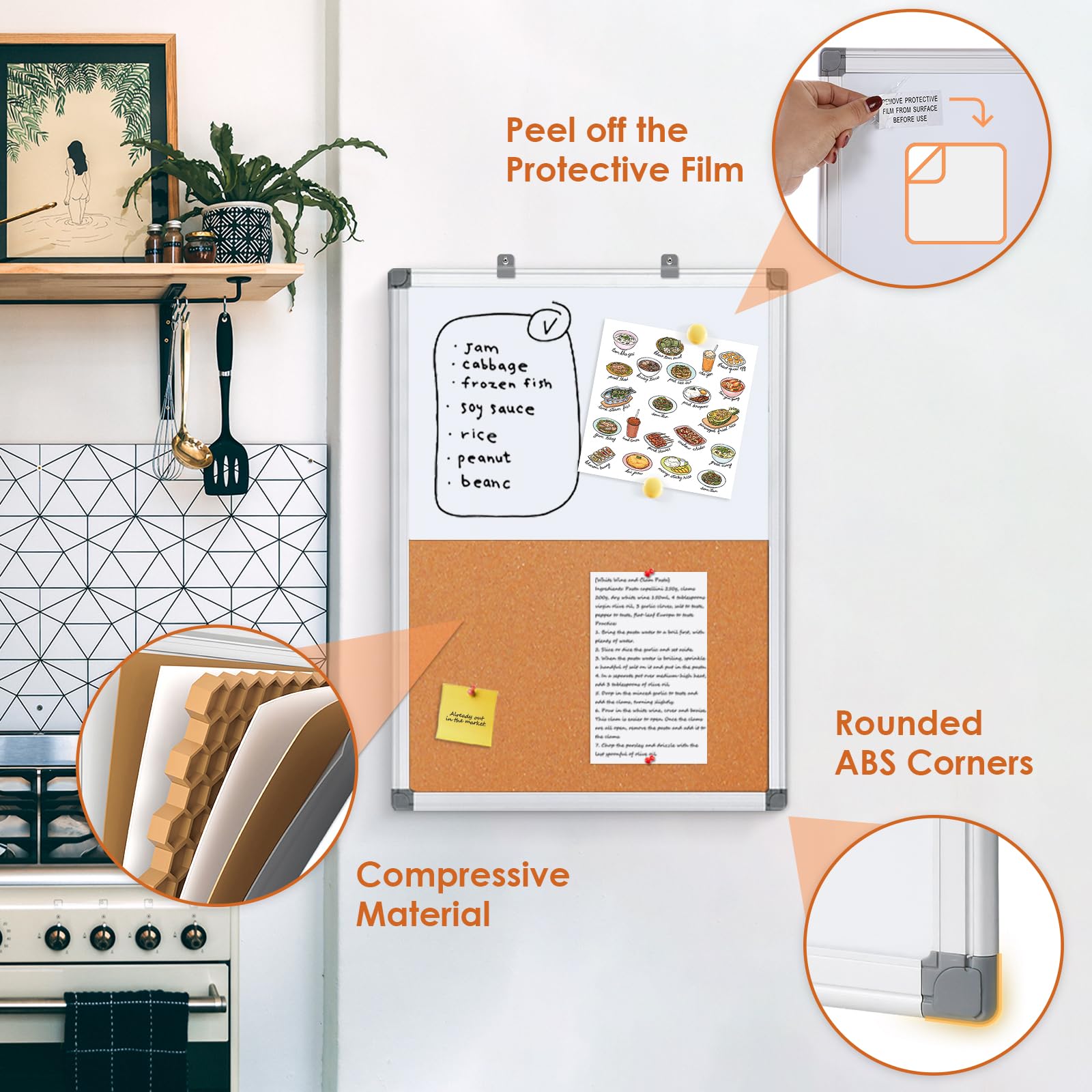 Cork Board and Dry Erase Board Combo Bulletin Board Combination Magnetic WhiteBoard Pin Notice Board for Home Office School with 4 Dry Erase Maker+6 Magnets+12 Pushpins, 24x18inches