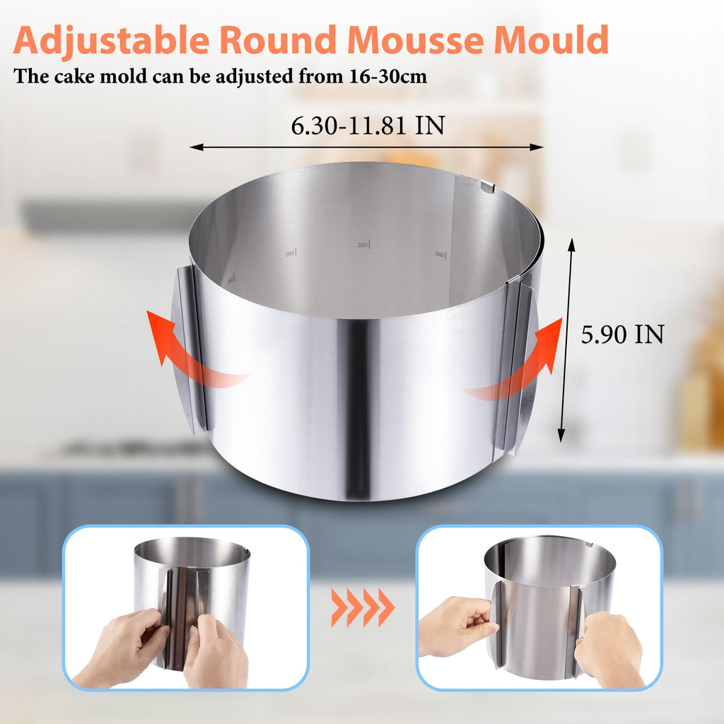 HOMEE Adjustable Stainless Steel Cake Ring 6 to 12 Inches, 6 inch High Stainless Steel Baking Rings, Round Cake Molds, Cake Mousse Mould with Precise Scaling Inside