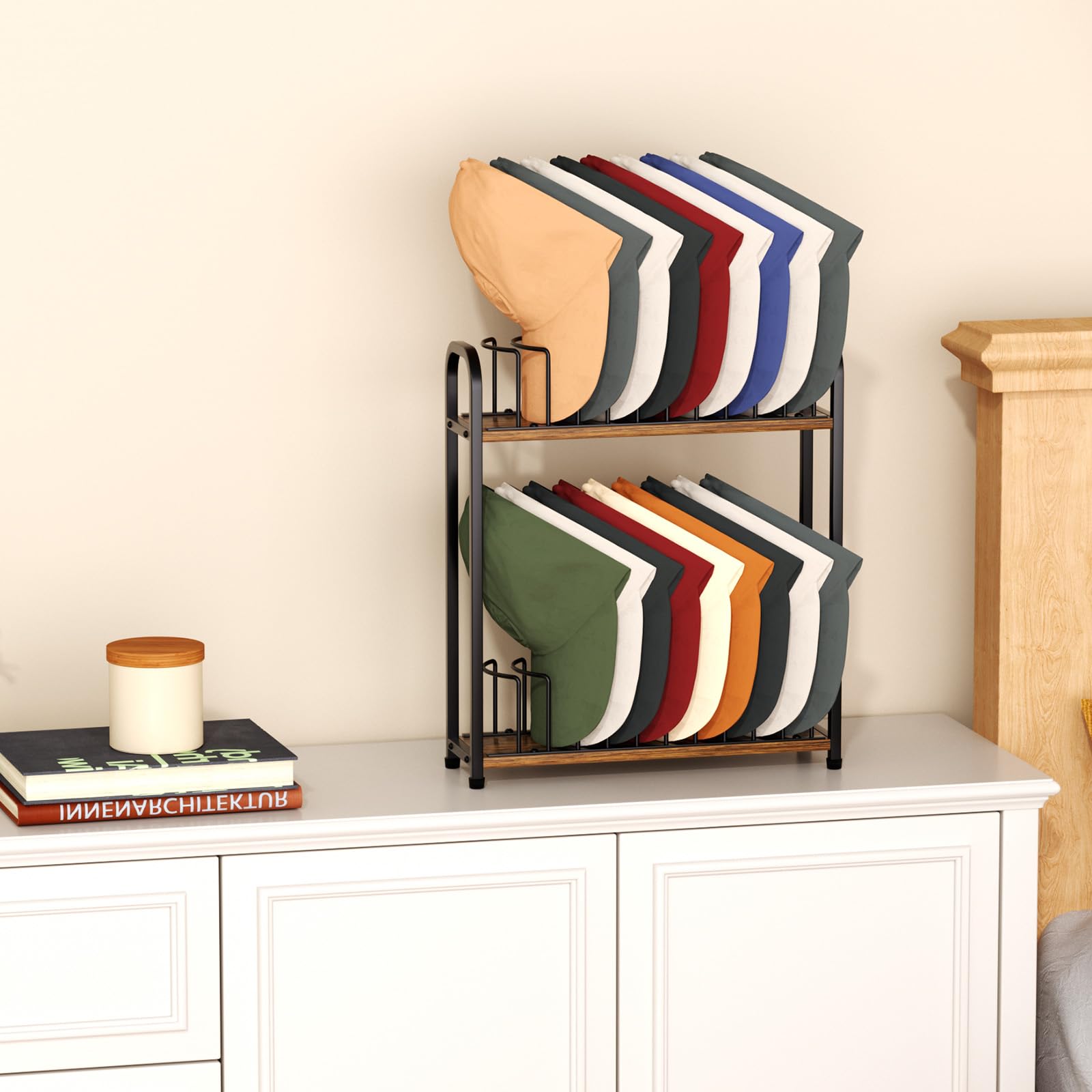 SWTYMIKI Hat Stand for Baseball Caps - 2 Tier Wood & Metal Removable Tabletop Hat Organizer Storage Display Rack, Hat Rack Holds up to 20 Caps for Desk, Closet Shelf, Dresser