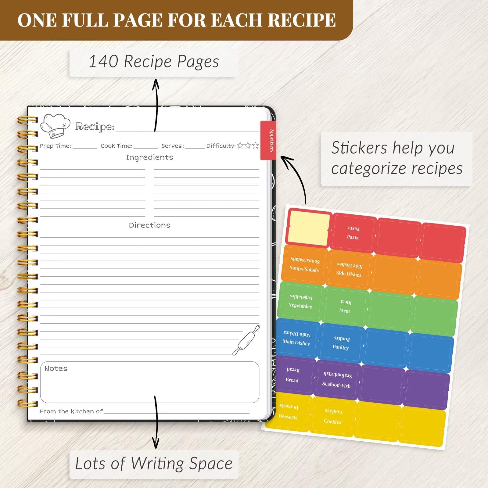 LuBudingJoy Blank Recipe Notebook to Write in Your Own Recipes, Full Page Sprial Hardcover Personal Recipe Organise, Recipe Journal Hold 140 Recipes (Black)