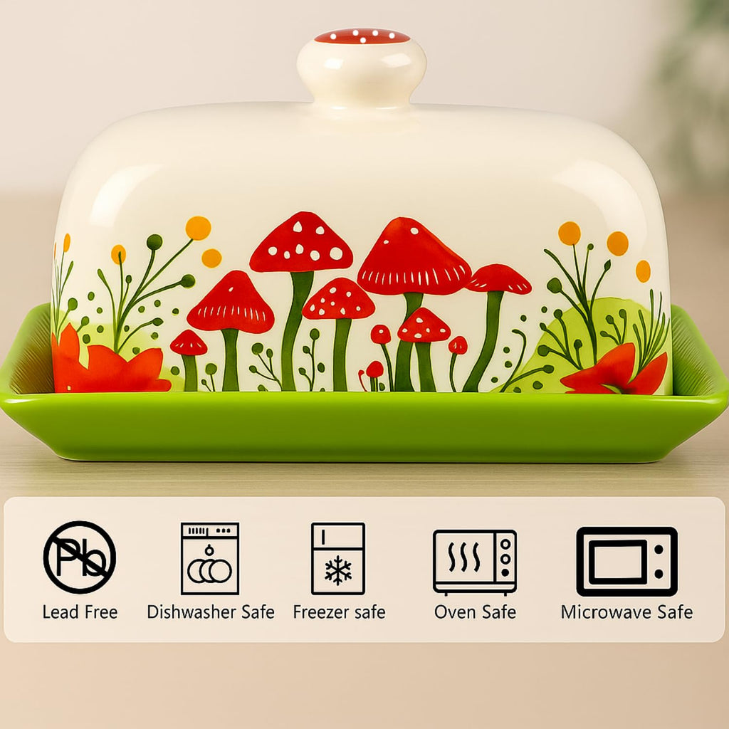 Ceramic Butter Dish with Lid, Hand-Painted Mushroom Design, Rectangular Butter Keeper with Tray, Lead-Free, Dishwasher & Microwave Safe, 7.5 x 4.2 x 3.7 in