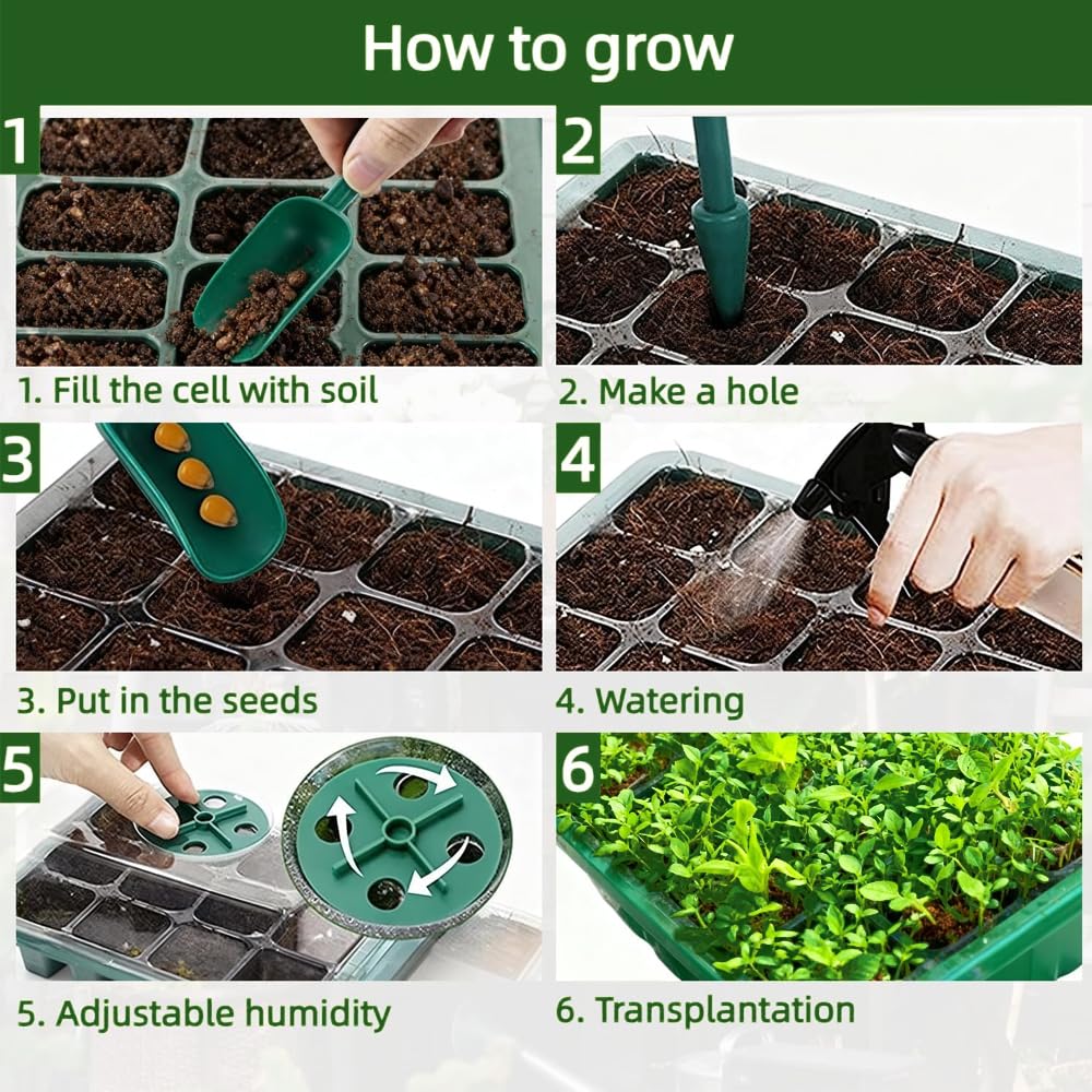 10 Pack Seed Starter Tray Seed Starter Kit (120 Cells Total Tray) with Humidity Dome and Base Greenhouse Growing Trays, Reusable Plant Germination Trays with Garden Tools Labels
