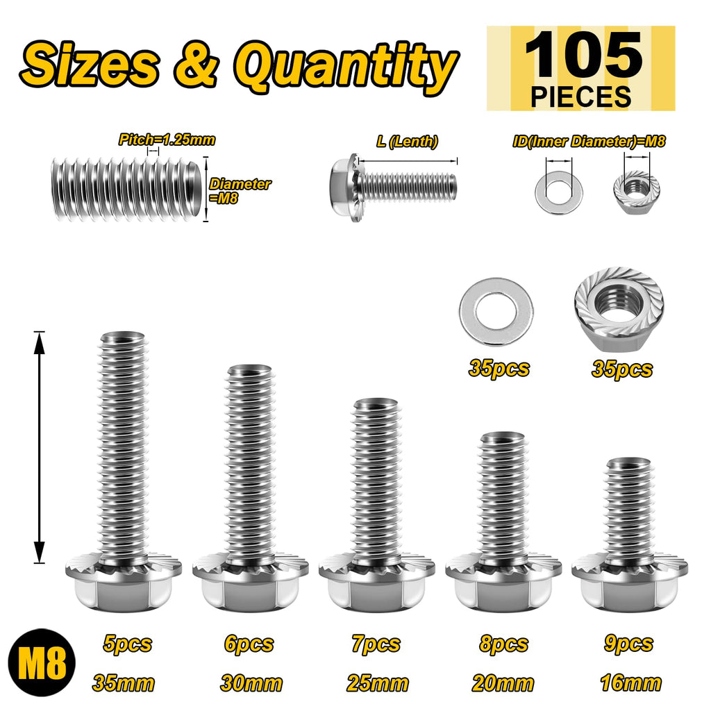 105Pcs M8x1.25 Bolt x 16/20/25/30/35mm Flanged Hex Head M8 Bolt, M8 Screws 304 Stainless Steel Nuts and Bolts Assortment Kit, DIN 6921, Serrated Metric Bolt Assortment by Mywish