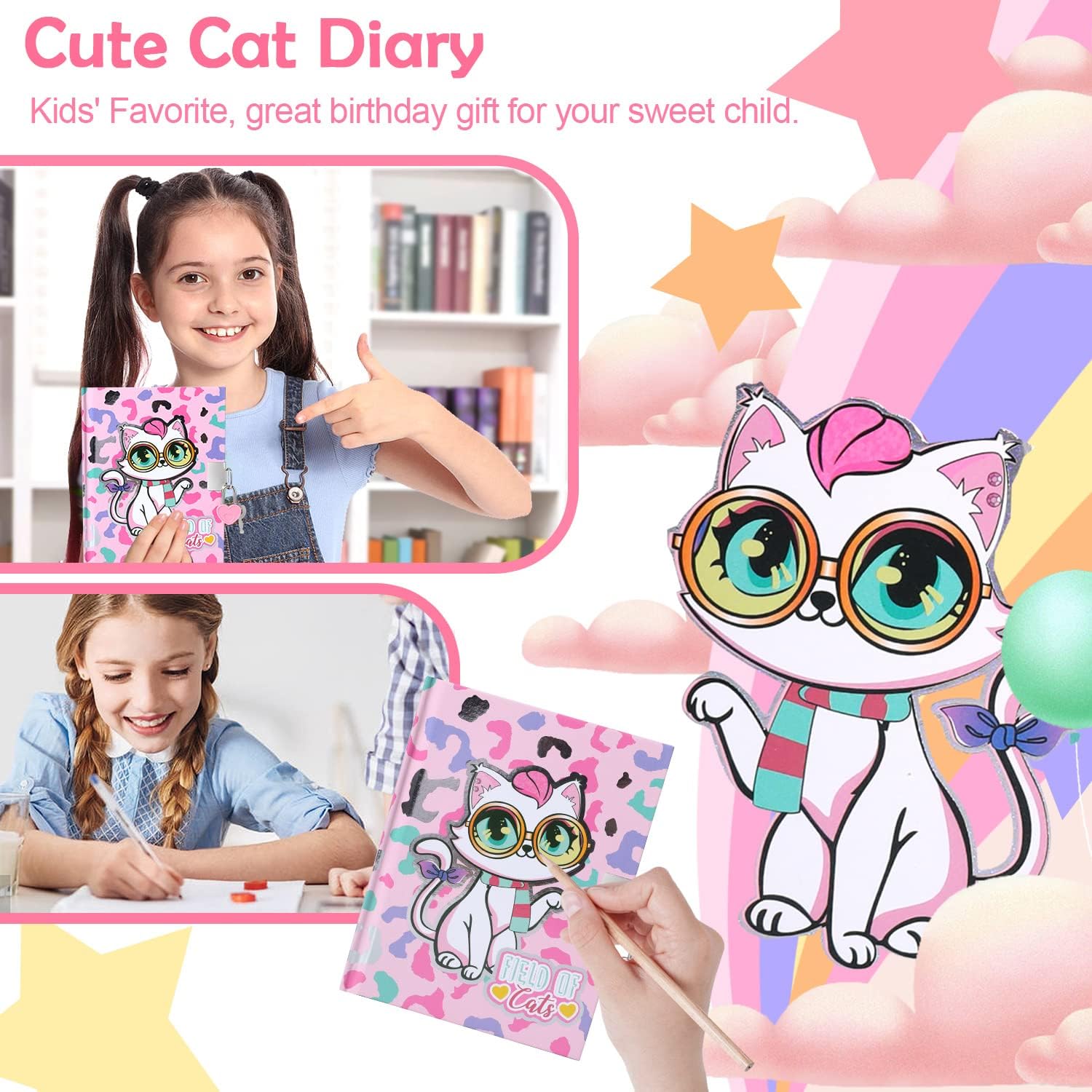 Cat Diary for Girls with Lock, Cat Stationery Set with Secret Diary, Stamps, Pens, Cat Journal Notebook Birthday Gifts for Little Girls Age 5 6 7 8 9 10-12