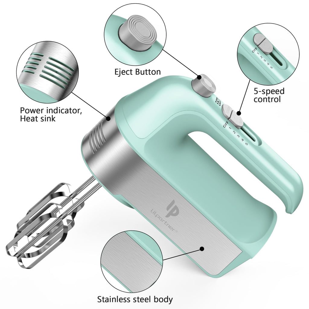 Hand Mixer Electric, 450W Kitchen Mixers with Scale Cup Storage Case, Turbo Boost/Self-Control Speed + 5 Speed + Eject Button + 5 Stainless Steel Accessories, For Easy Whipping Dough,Cream,Cake, Green