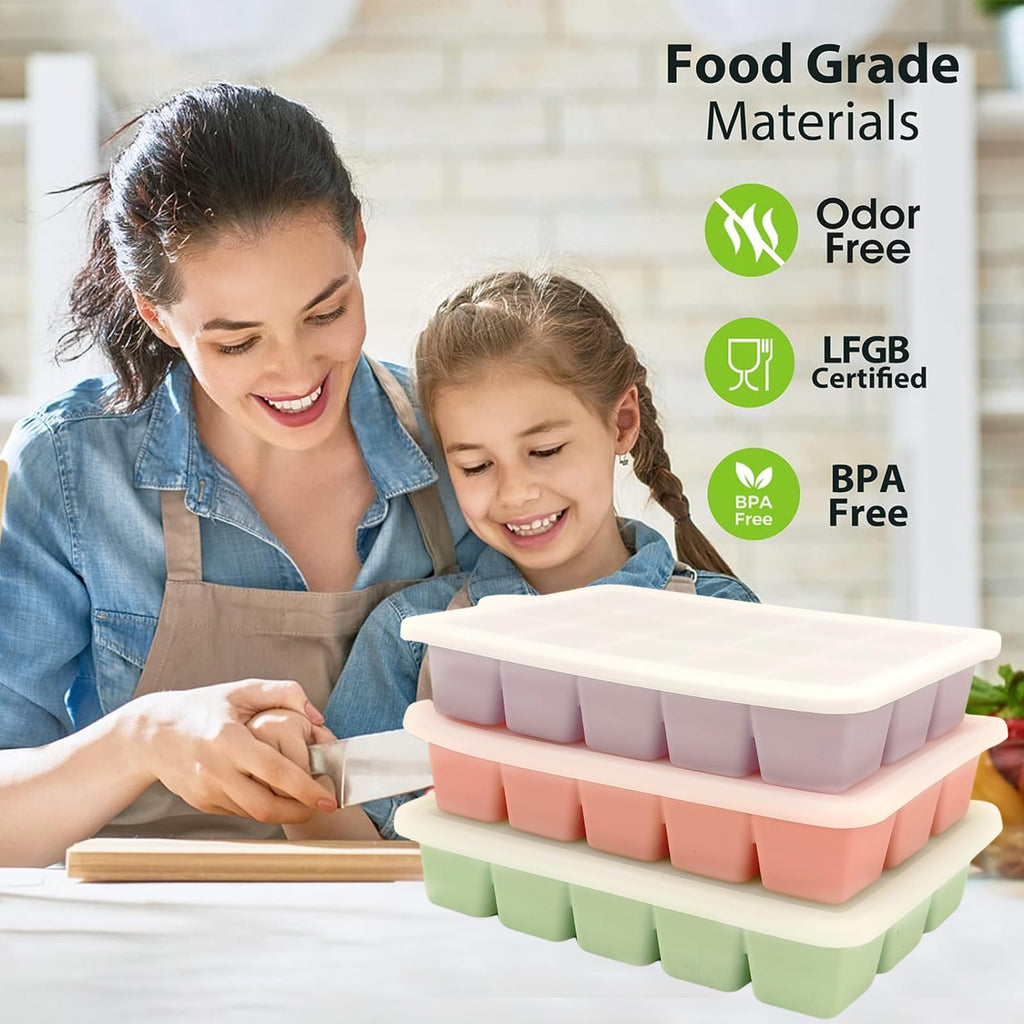 KGYMJR 3Pcs Silicone Ice Cube Tray, Square Ice Cube Tray with Lid, Reusable Ice Cube Molds for DIY Cold Drinks. (Small ice Cubes, Count, 15)