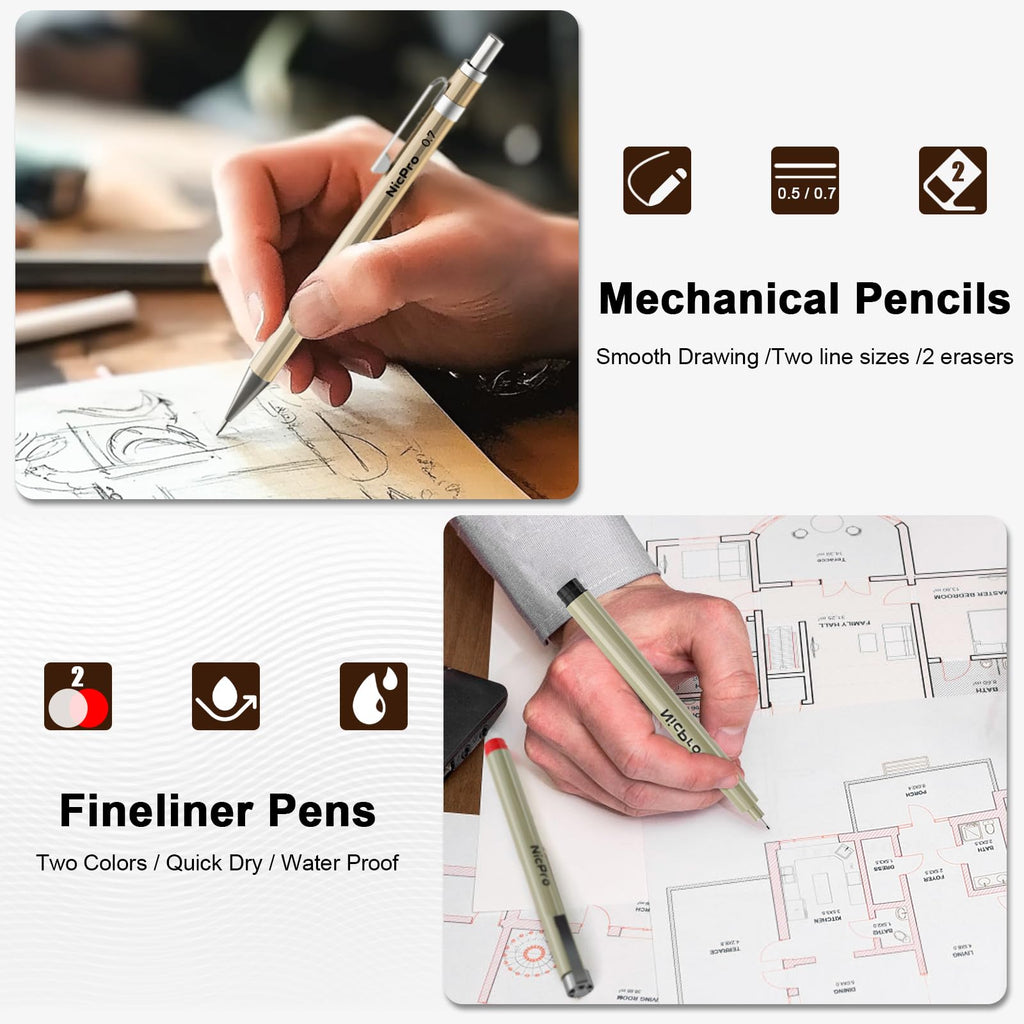 Nicpro 20PCS Professional Geometry Set with Case, Drafting Tools with Protractor and Compass, Metal Rulers, Triangles, Pens, Pencils, Drawing Supplies, Drafting Kit for Architect Engineer Students