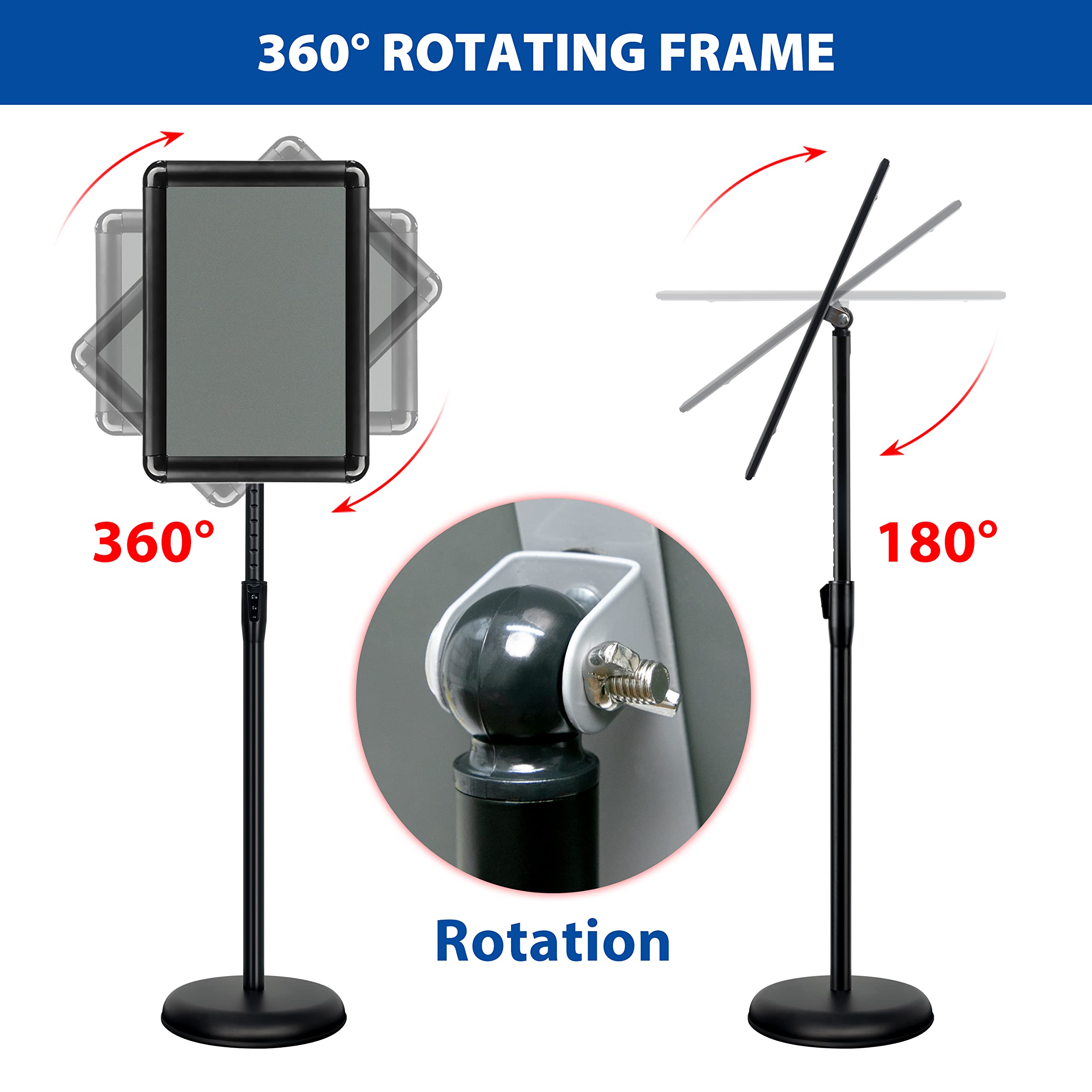 VAIIGO 8.5x11 Inch Adjustable Pedestal Poster Sign Stand, Heavy Duty Floor Standing Sign Holder Stand Aluminum Snap Open Frame for Vertical and Horizontal View Sign Displayed (Black, Round)