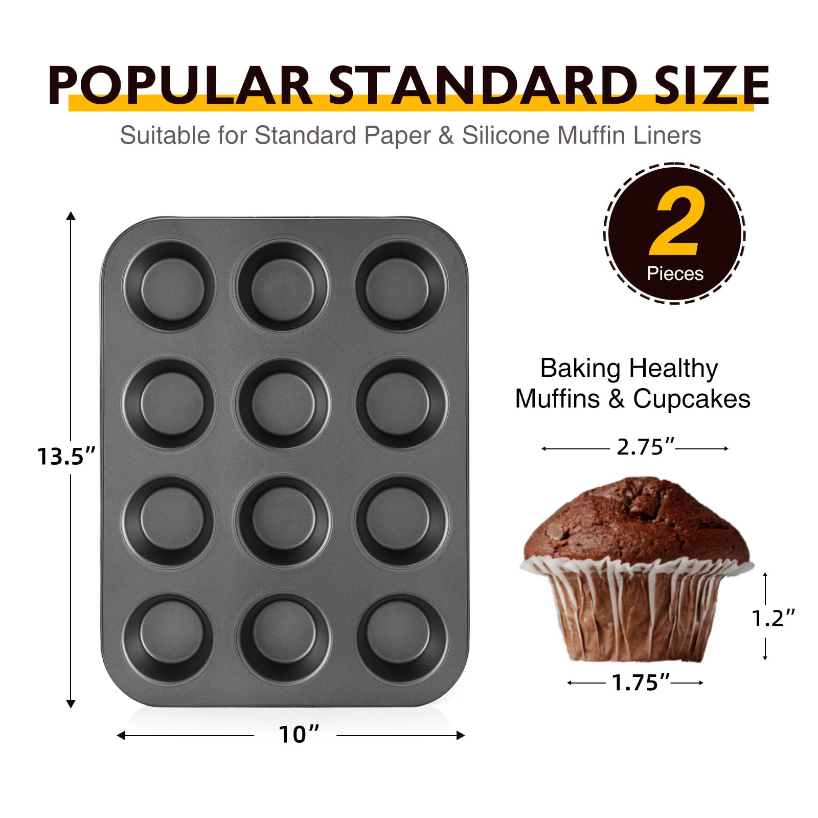 HONGBAKE Muffin Pan for Baking, Nonstick Cupcake Tin 12 Cup, 2 Pack Cup Cake Tray, Premium & Dishwasher Safe - Dark Grey