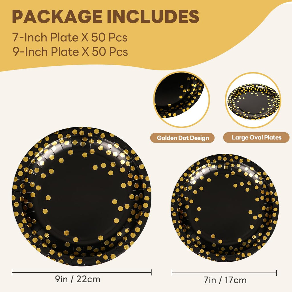 Vukehon 100PCS Disposable Black Paper Plates for Party Round Dinner Plates 7inch & 9 Inch Golden Foil Polka Dots, Black and Gold Party Supplies for Graduation, Birthday, Wedding, Cocktail Party