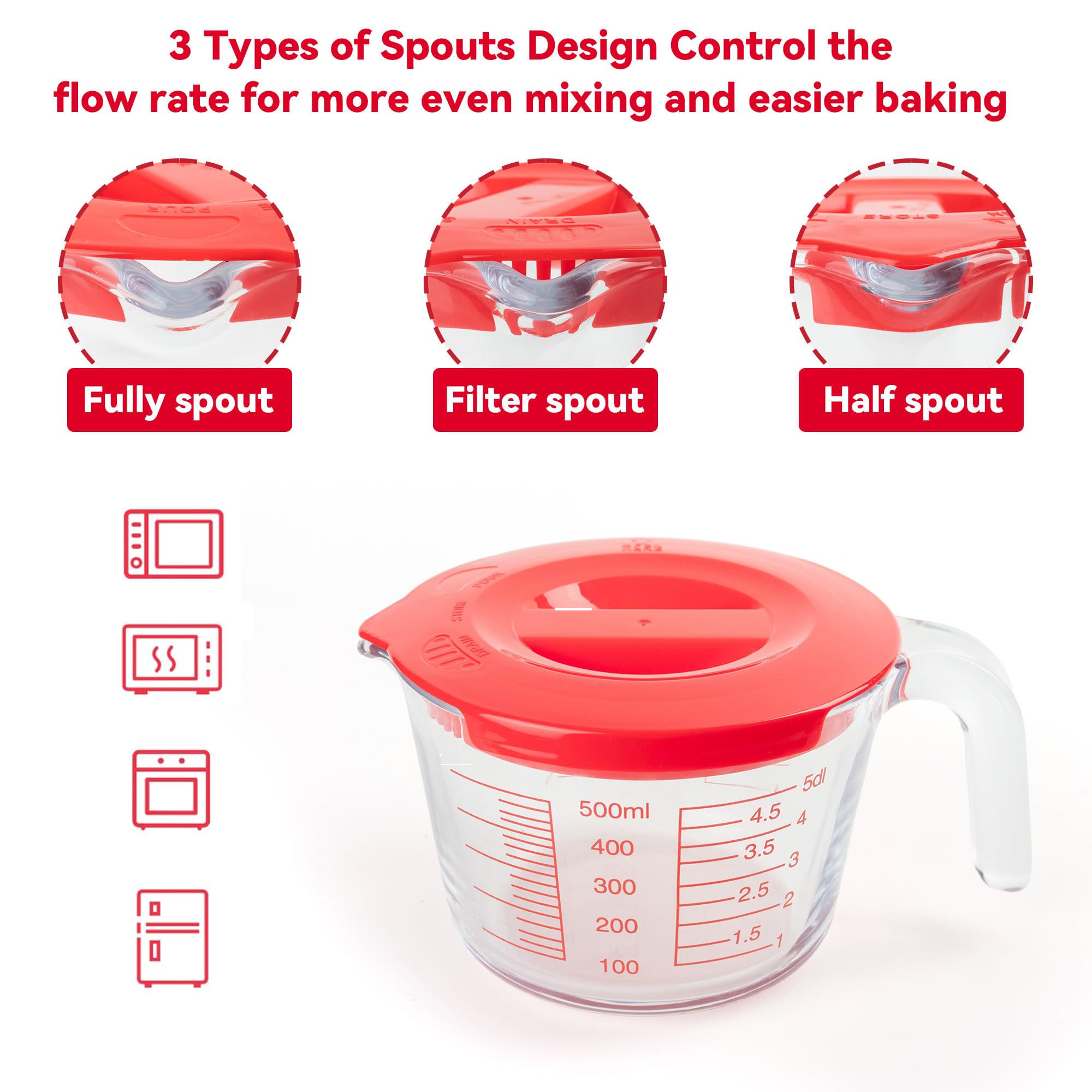 CUTEPLAN 6 Pcs Glass Measuring Cups Set with Lids (Strainer Included) - 1-Cup/2-Cup/4-Cup Nesting Jugs with Easy-Grip Handles, Kitchen Liquid Measuring