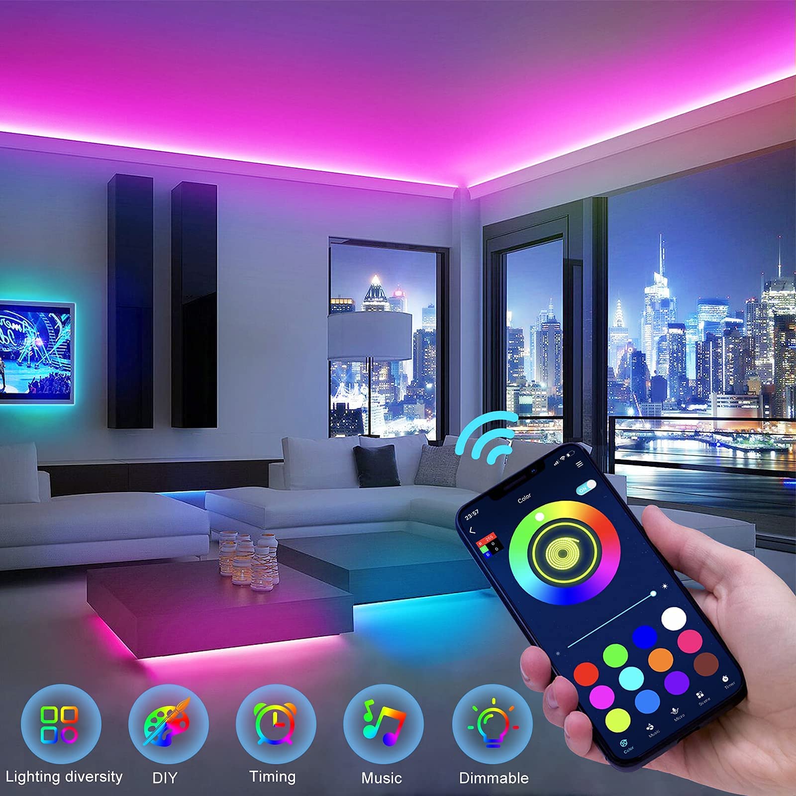 Tenmiro Led Lights for Bedroom, Music Sync LED Rope Lights APP Control with Remote, RGB Led Strip Lights for Room Kitchen Party Home Decoration (65.6ft)