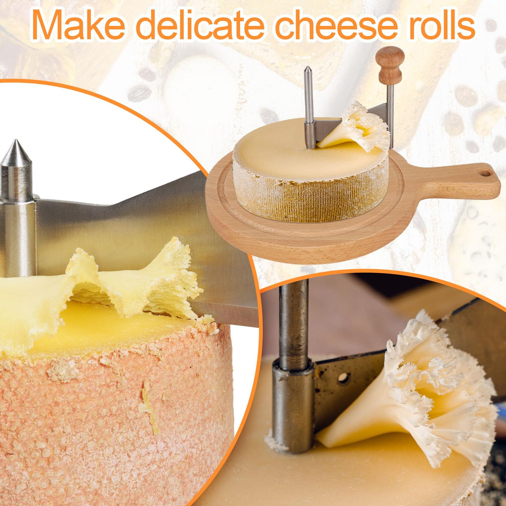 Wooden Cheese Wheel Cutter, Stainless Steel Round Cheese Curler Slicer Maker Shaver with Handle Kitchen Accessories for Butter Chocolate Home Restaurants Cafes Bakery