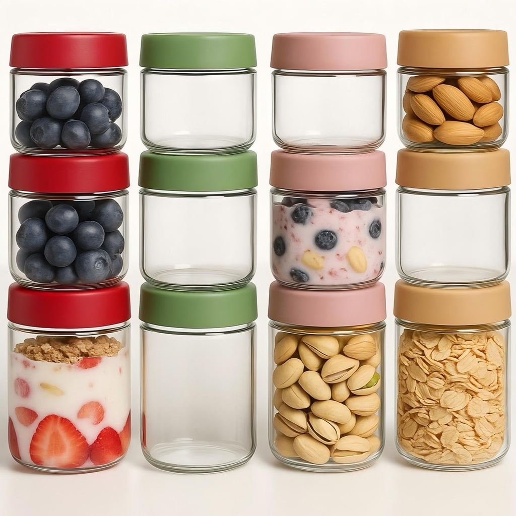 TBWIND 12 Pack 4oz 10oz 16oz Glass Jars with Lids, Wide Mouth Mason Jars, Overnight Oats Containers with Airtight Lids, Salad, Yogurt Storage, Chia Pudding, Snacks, Meal Prep, Sugar - Reusable
