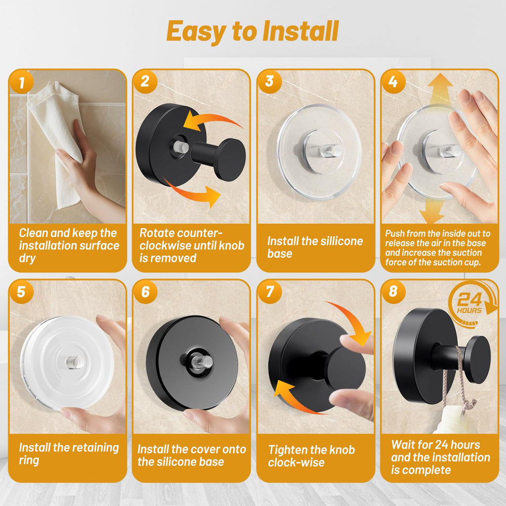 VEHHE Self-Adhesive Suction Cup Hooks, 4 Pack Waterproof Stainless Steel Shower Suction Hooks Weight Capacity 15lbs, Shower Hooks Suction for Wall, Kitchens, Glass, Mirrors (Black)
